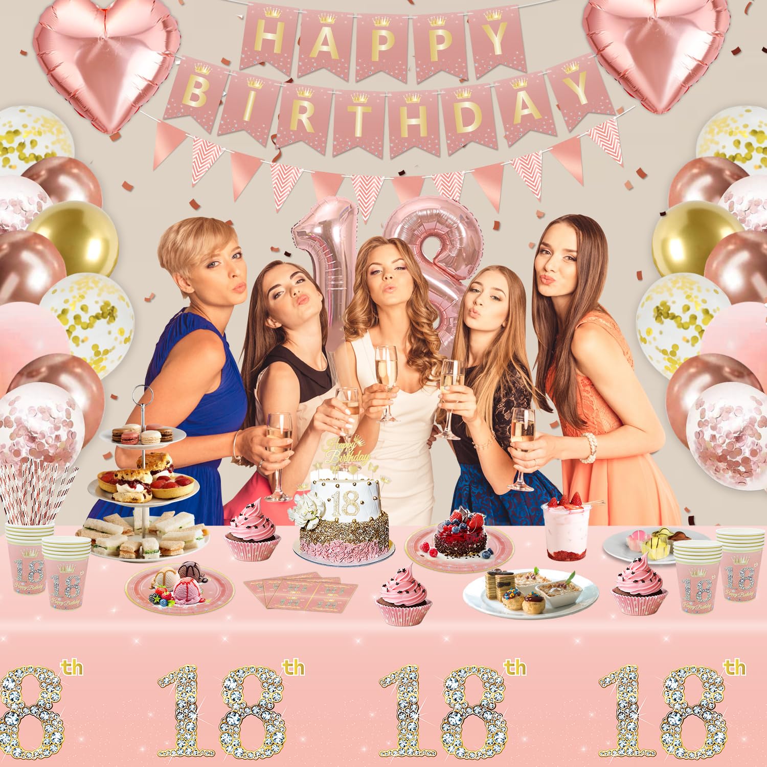 179 PCS 18th Birthday Decorations for Girls Rose Gold 18th Birthday Party Decoration Happy 18th Birthday Supplies Tableware Set-Plates, Napkins, Pink 18th Birthday Banner for 20 Guests - Image 4