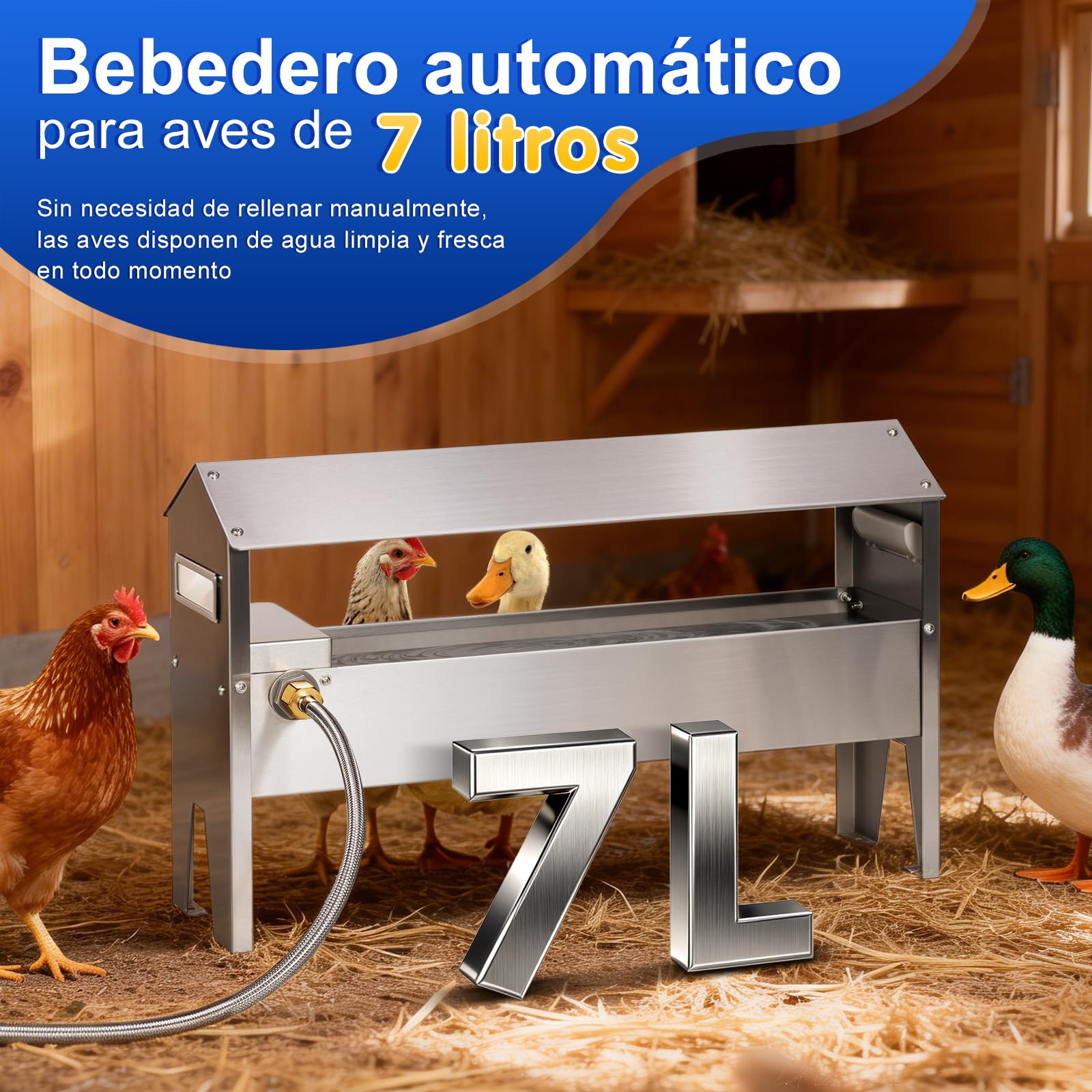 7 litros Bebedero Gallinas Automatico,Bebedero de Acero Inoxidable para Aves de Corral,Bebedero para Gallinas,Bebedero Anti-Desperdicio con Válvula de Flotador,Bebedero para Pollo para gallina