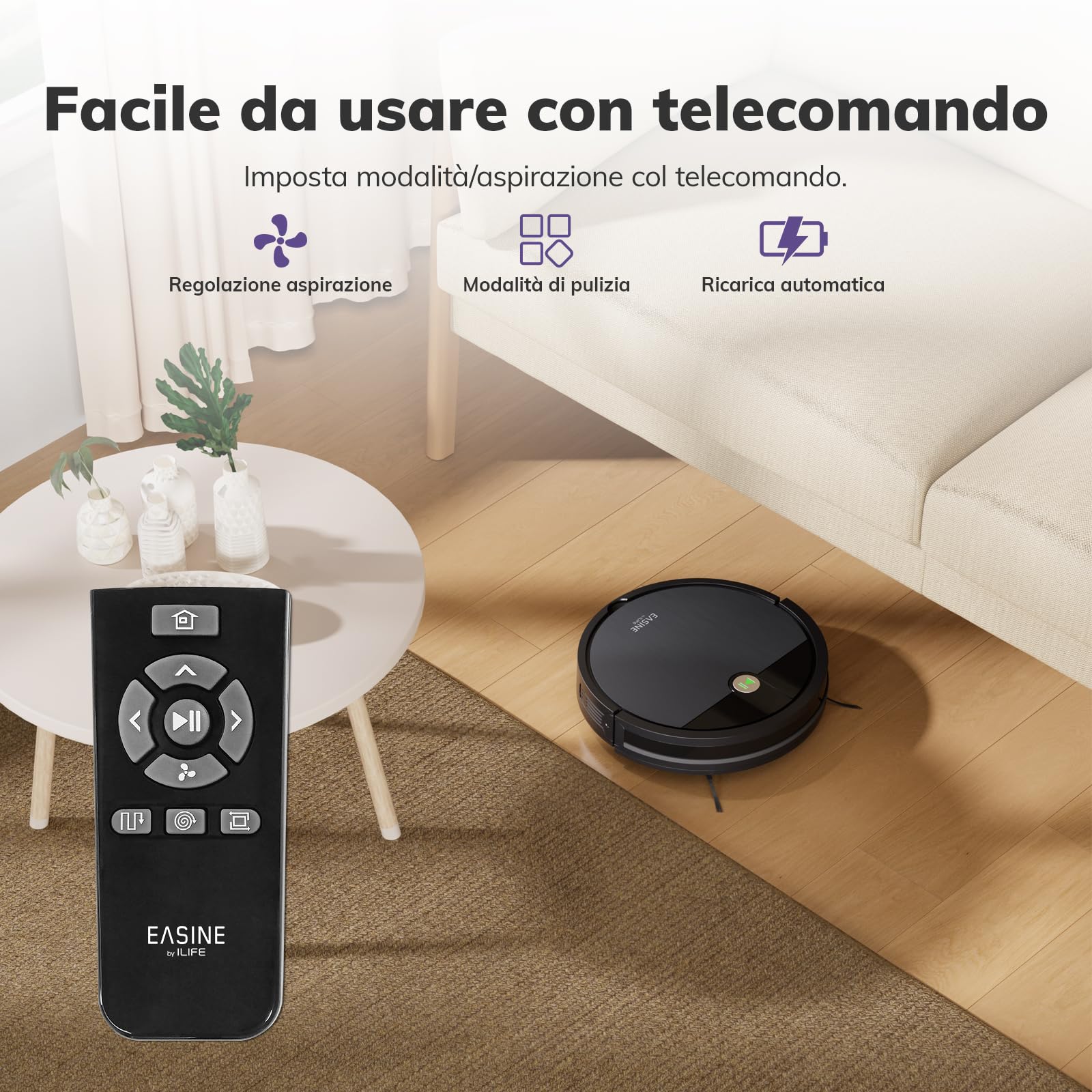 Robot Aspirapolvere, Aspirazione Potente, Design Senza Spazzole, Ricarica Auto, Telecomando, Sottile, Silenzioso, Per Peli Animali & Pavimenti Duri, E3