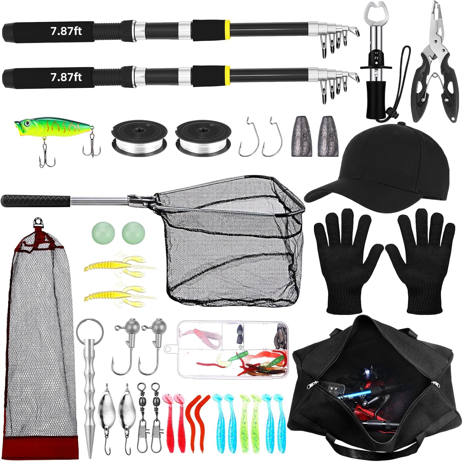 Telescopic Fishing Rod and Reel Combo 2 Pcs Collapsible Fishing Pole Kit with Plier Lip Gripper Lures Carrier Bag Pre-Loaded Spinning Reel for Beginner Men Travel Saltwater Freshwater