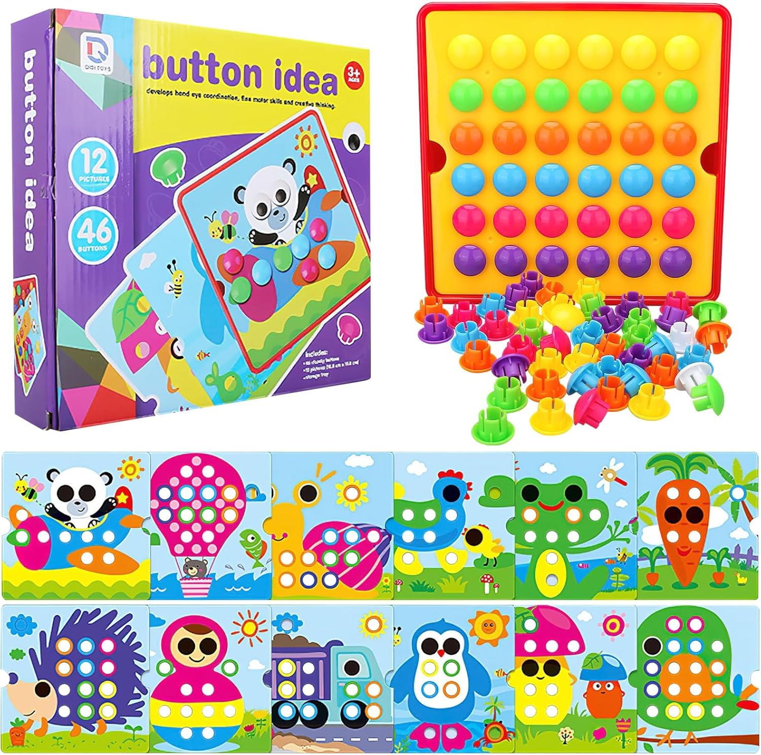 BeFunky Mosaic Pegboard Game for Children, Early Educational Plug-in Game, Colour Pegboard Forks for 2-6 Years Old Children, Plug-in Game with 46 Large Beads and 12 Colourful Cards (Bear)-image-16