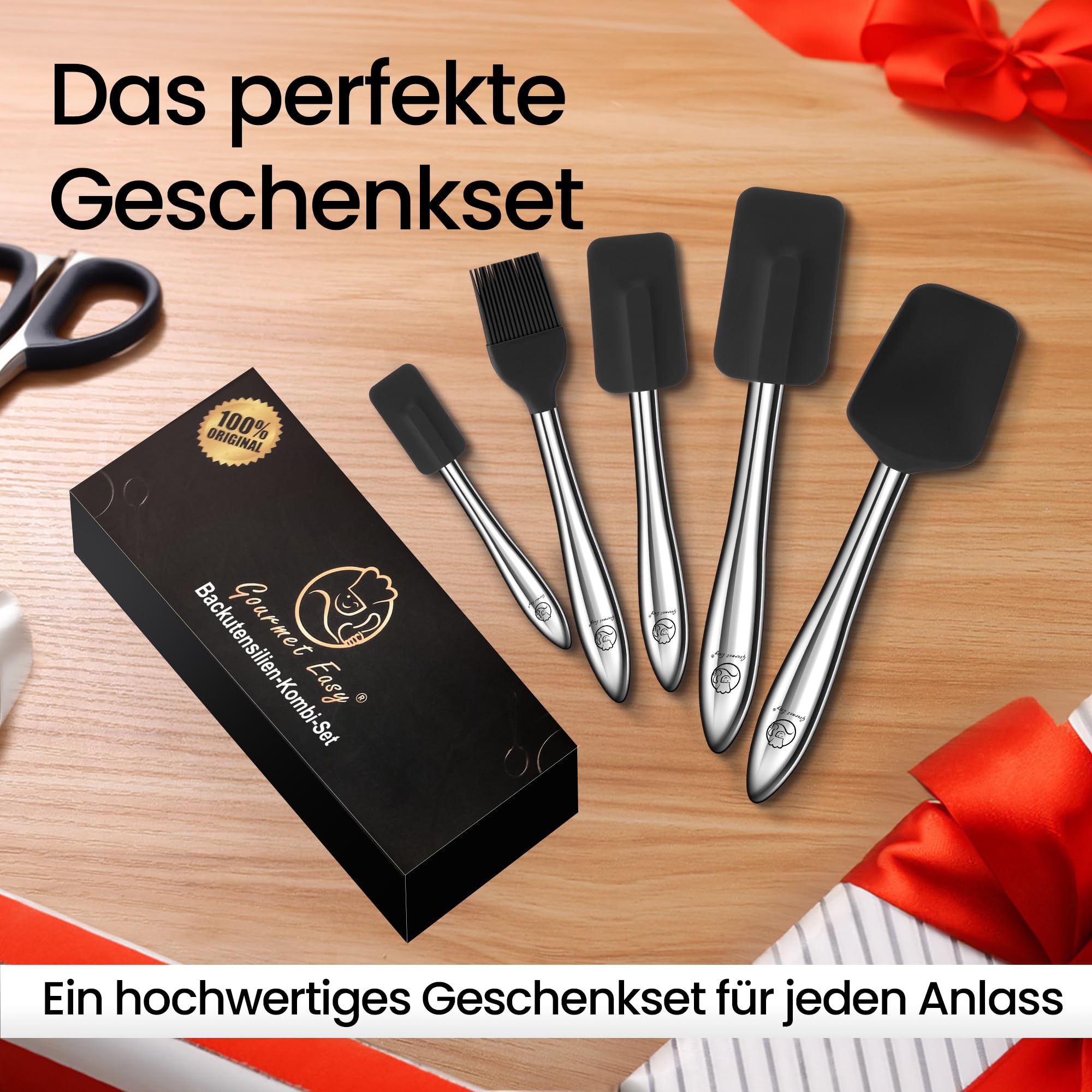 5pcs Silicone Spatula Cooking Utensils Set with Stainless Steel Handles, Premium Heat-Resistant Kitchen Utensils for Baking, Spoonula & Silicone Brush Included, Safe for Nonstick Cookware (Black)