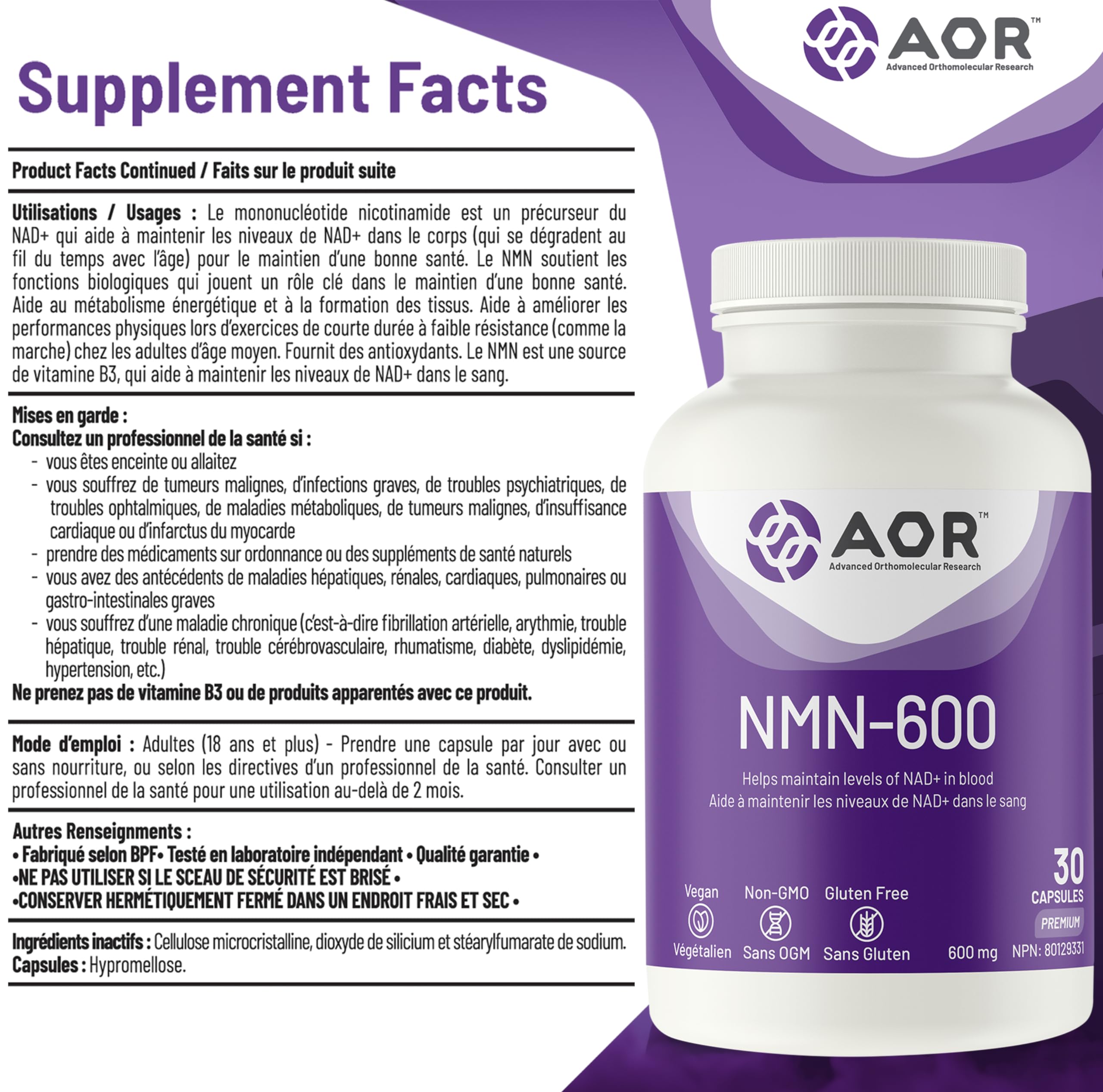 AOR NMN-600mg, 30 Vegan Capsules - Non-GMO, Gluten-Free, High 