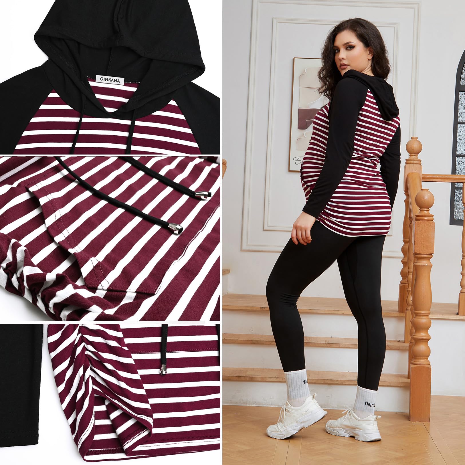 GINKANA Umstands-Kapuzenpullover mit Langen Ärmeln, lässiges Umstands-Top, Schwangerschafts-Sweatshirt, Freizeitkleidung