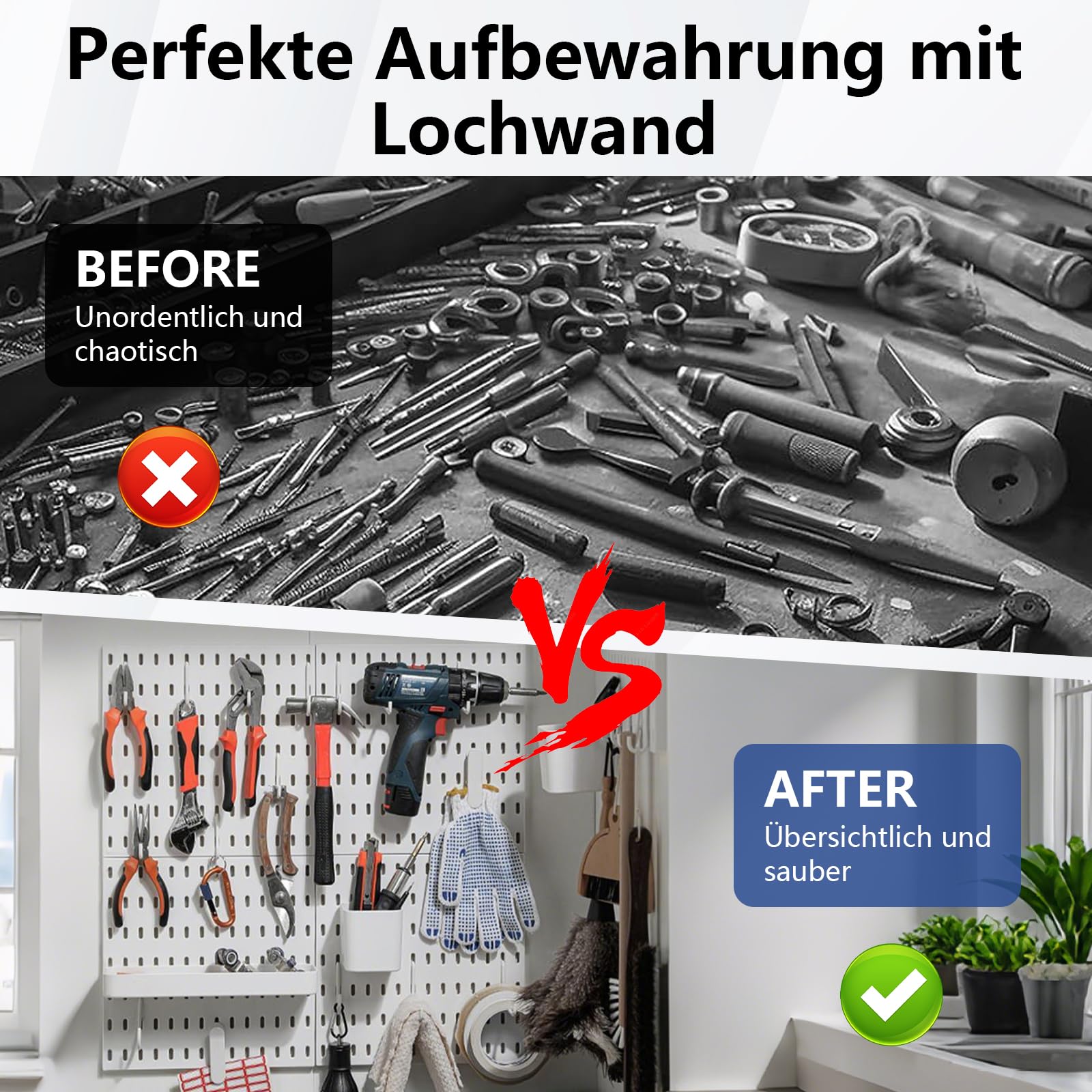 Pegboard, Stecktafel Wand Organizer mit 4 Stecktafeln (30x30cm) + 23 Zubehör, Lochplatte Kunststoff, Werkzeugwand Lochwand für Wand-Organizer Bastelorganisation
