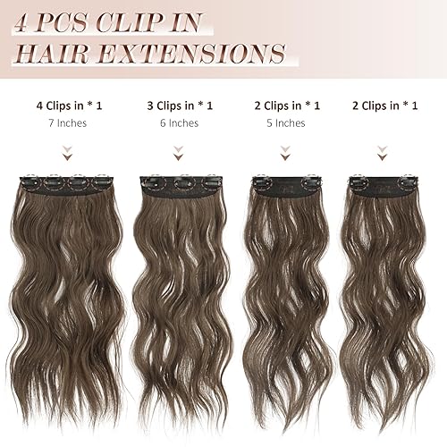 Miniatura 2 de FESHFEN Extensiones de cabello con clip, 4 piezas de cabello grueso con reflejos, extensiones de cabello sintético largo ondulado con clip,