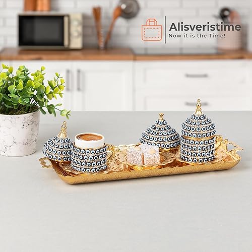 Miniatura 2 de Alisveristime Juego de tazas de café expreso de ojo turco turco hechas a mano con bandeja y azucarero (juego de 2) (dorado)