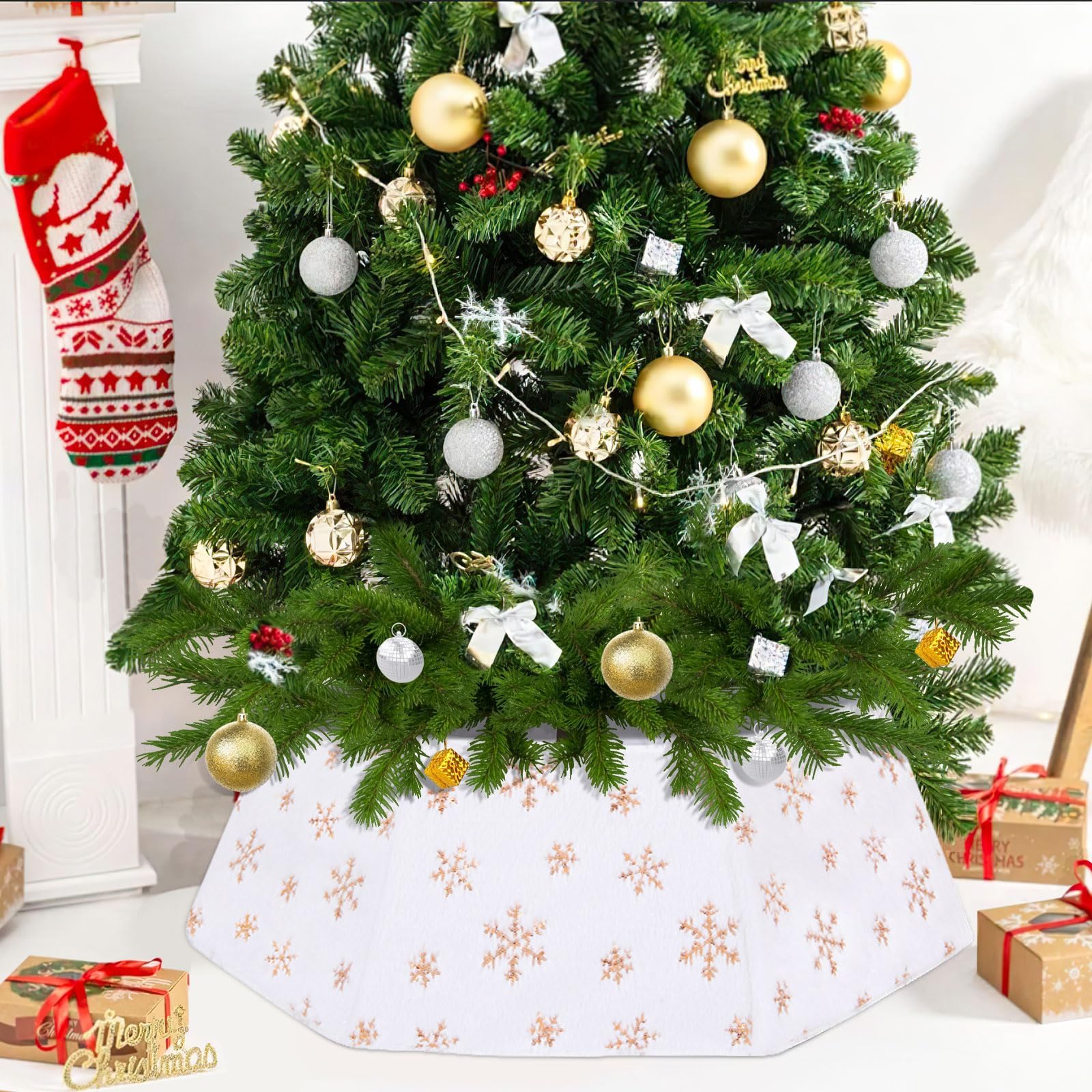 Base Albero di Natale, Ø80cm Paillettes Peluche Finta Pelliccia Albero di Natale Gonna Pieghevole Supporto per Giardini Interni ed Esterni