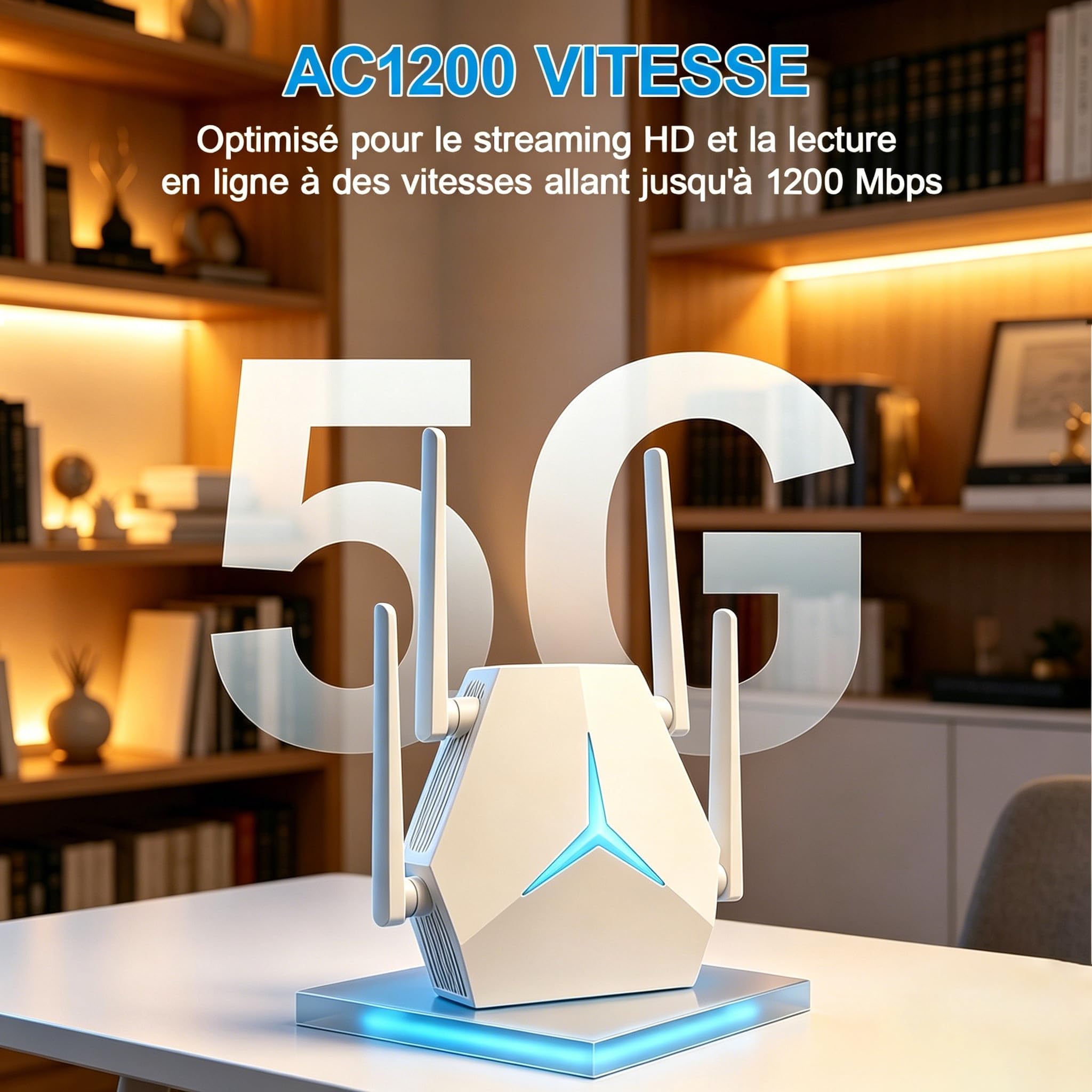 Répéteur WiFi Puissant,5GHz et 2.4GHz Dual Band WiFi Booster 1200Mbps Amplificateur WiFi, avec 2 Ports LAN Gigabit,Couvrant de 12 000 m²,Repeater/Routeur/AP 3 in 1,pour la Maison et Le Bureau (L)