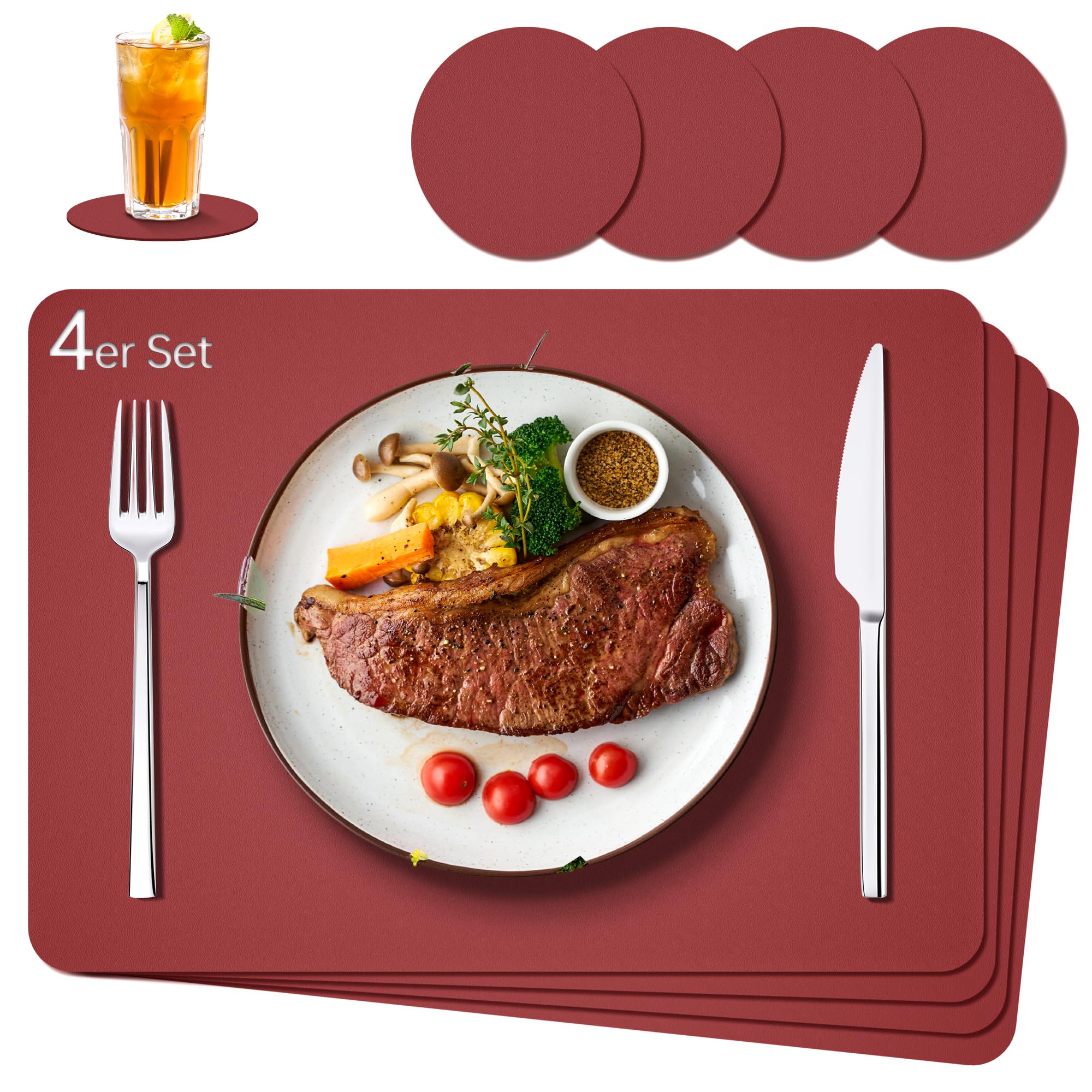 IKWOLETI Tischsets Abwaschbar mit Untersetzer - 4er Set Platzsets Abwaschbar aus Kunstleder - Doppelseitige Platzdeckchen in Lederoptik - Ideal für Küche und Büro Bordeaux