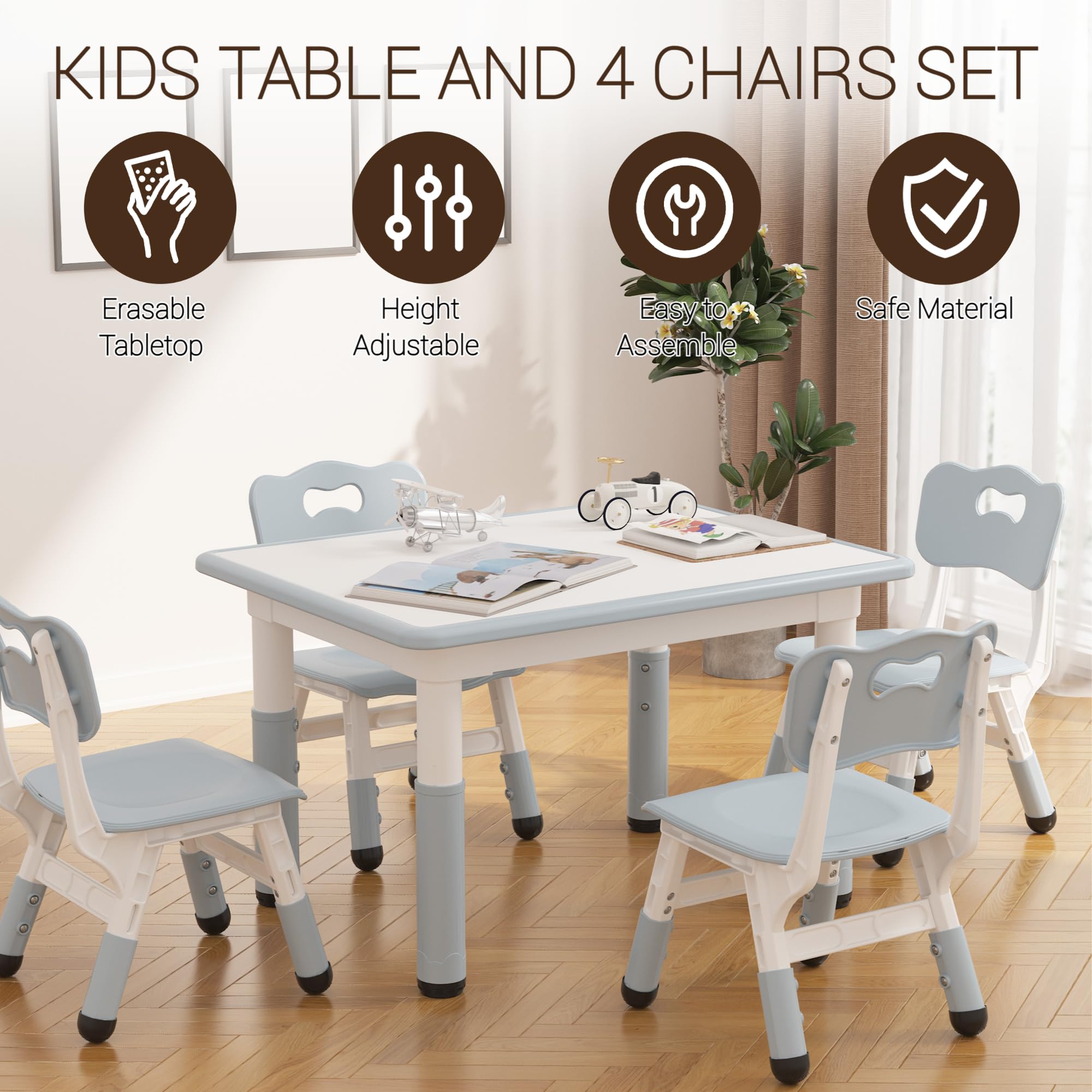 Table Enfant avec Chaise - Hauteur réglable,Bureau Enfant avec 4 chaises Design Antidérapante,Ensemble Bureau pour Chambre & Salle Classe de Maternelle(Gris)