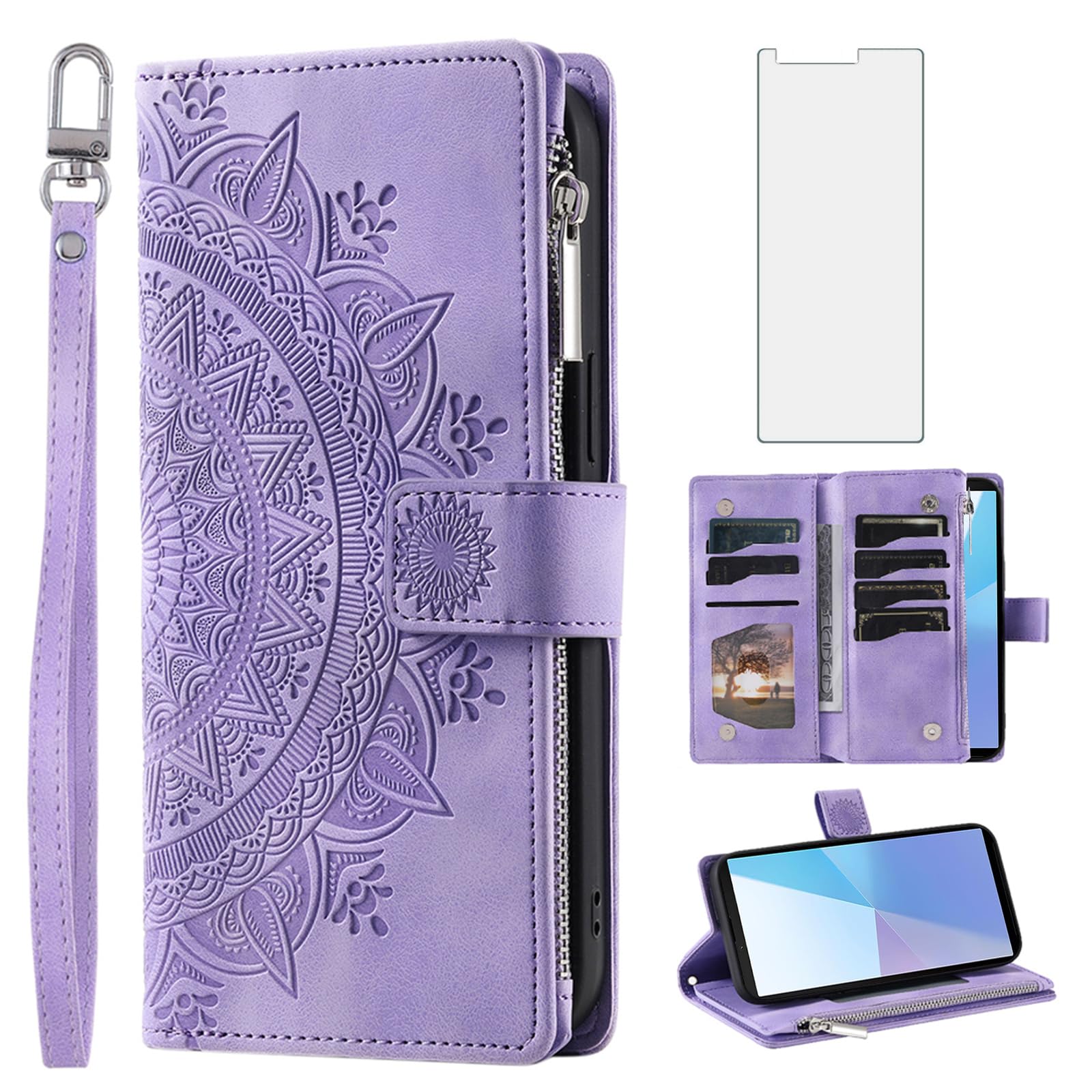 Phone Case for Sony Xperia 10 VI Wallet Cover With Tempered Glass Screen Protector Wrist Strap Mandala Flower Leather Flip Zipper Credit Card Holder Slot Stand Cell 10VI 5G XQ-ES72 Women Men Purple