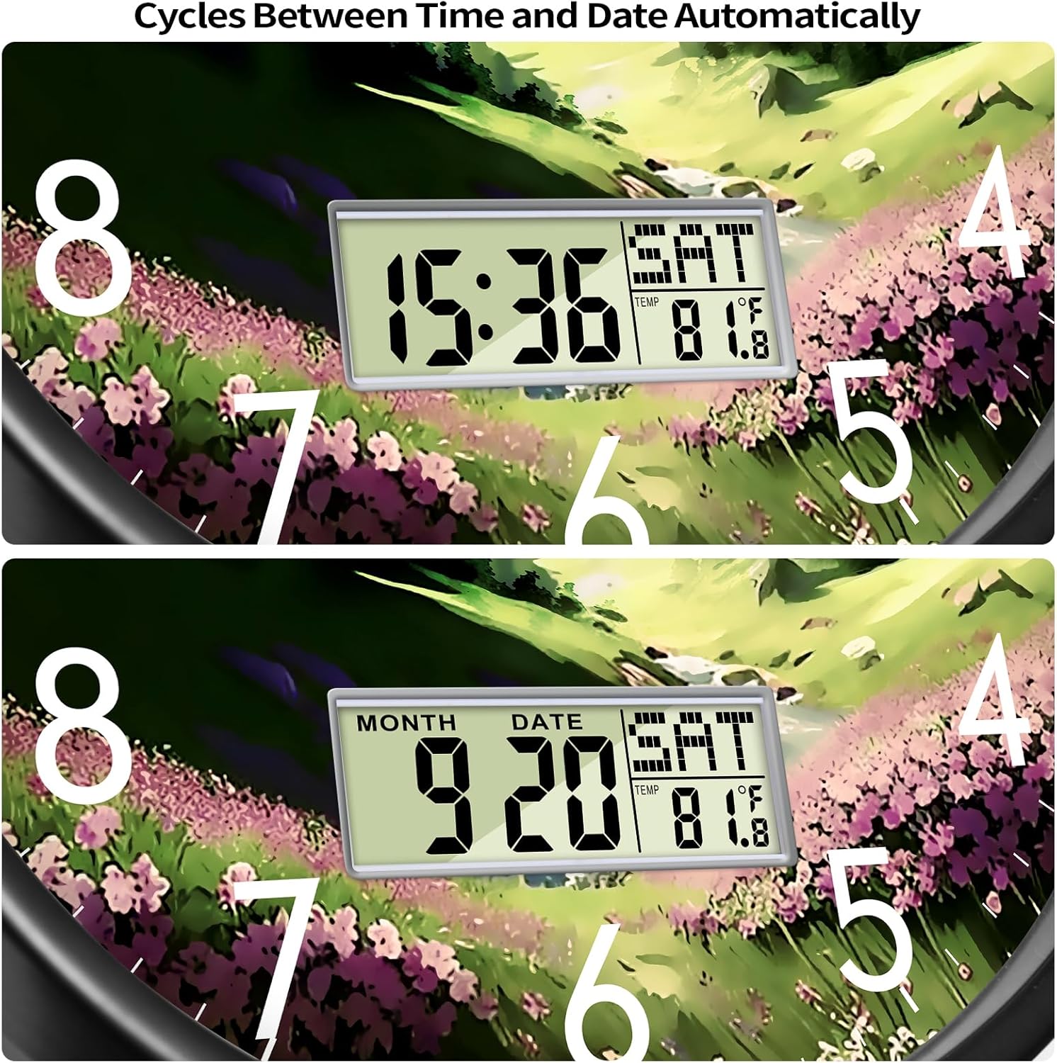 12'' Silent Non-Ticking Rustic Mountain Wildflowers Wall Clock, Battery Operated Analog with LCD Date Day Temp Display, for Living Room Bedroom Farmhouse Cottage Cabin Decor