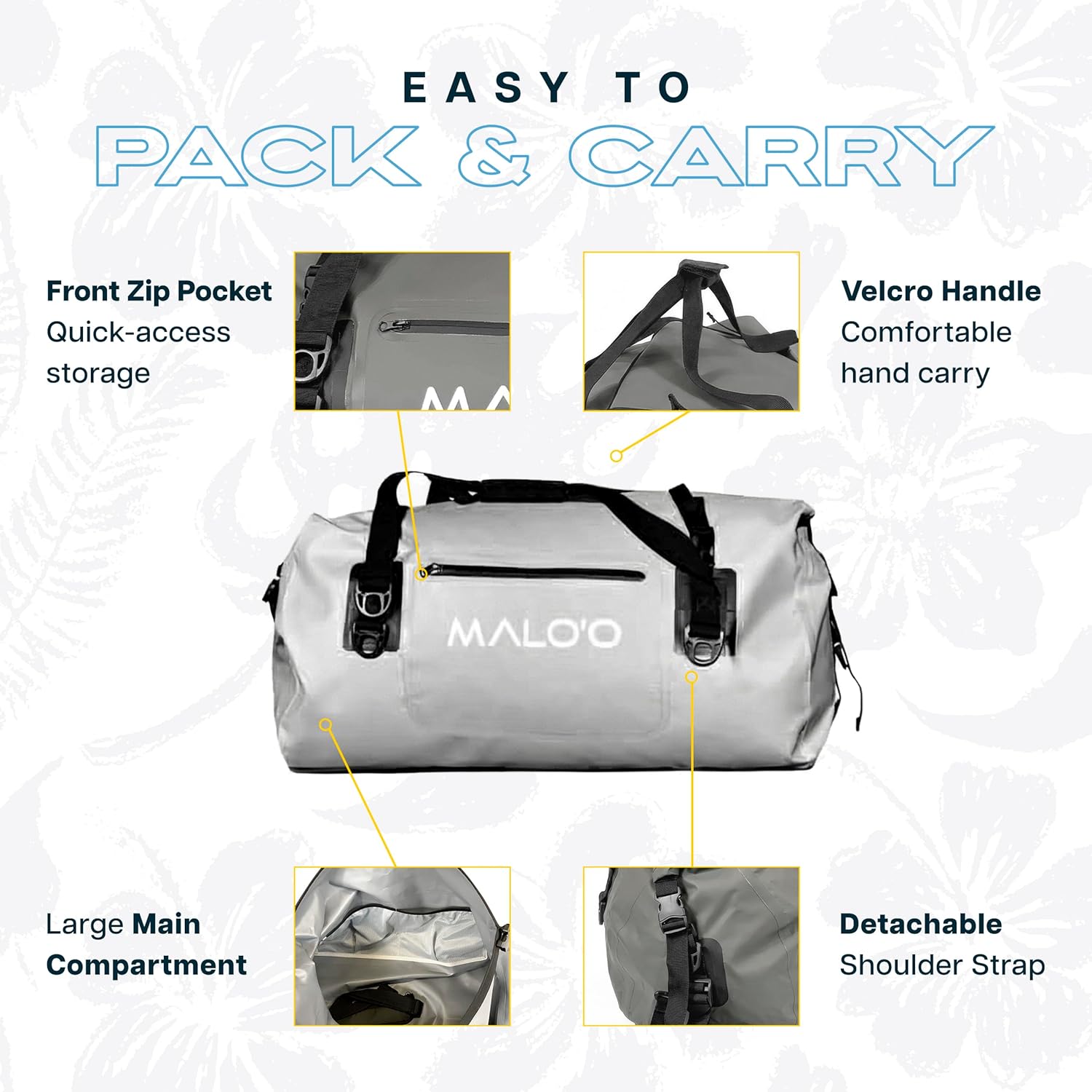 Malo’o Waterproof Dry Duffel, Heavy-Duty Roll Top Waterproof Gear Bag with Shoulder Strap & Molle Loops, Marine Duffel for Kayaking, Boating, Camping, Beach & Travel, Grey, 40L