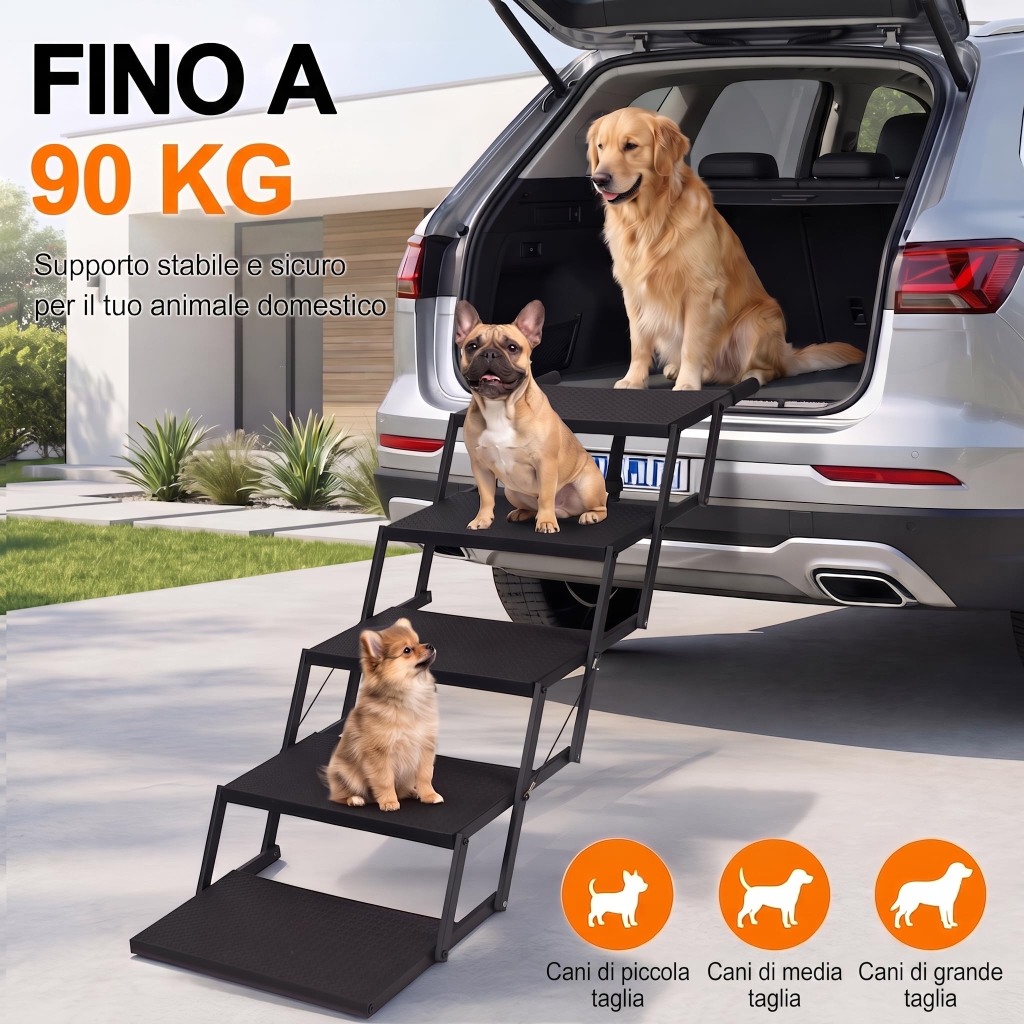 Niubya Scala Pieghevole per Cani, 7 Gradini Antiscivolo per Auto SUV Furgone, Portata 113 kg, Larghezza 43 cm, Leggera 4,5 kg, Scala di Accesso per Cani Grandi, Anziani e in Riabilitazione