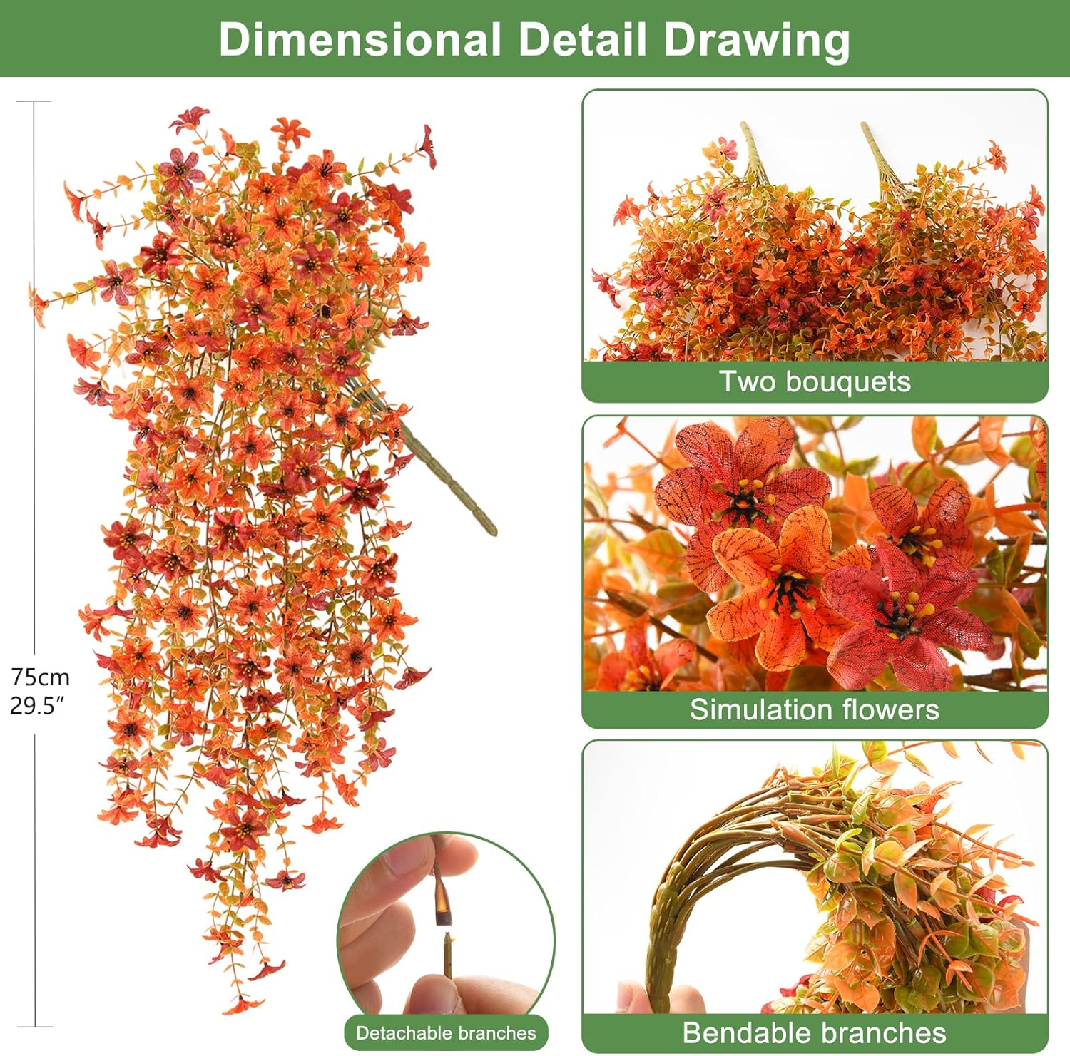 INQCMY Artificial Fall Fake Flowers for Outdoor Fake Hanging Decoration,2PCS Faux Mums Silk Flower with Autumn Leaves UV Resistant No Fade for Home Planter Porch Patio Yard Balcony Garden(Orange Red) - Image 2