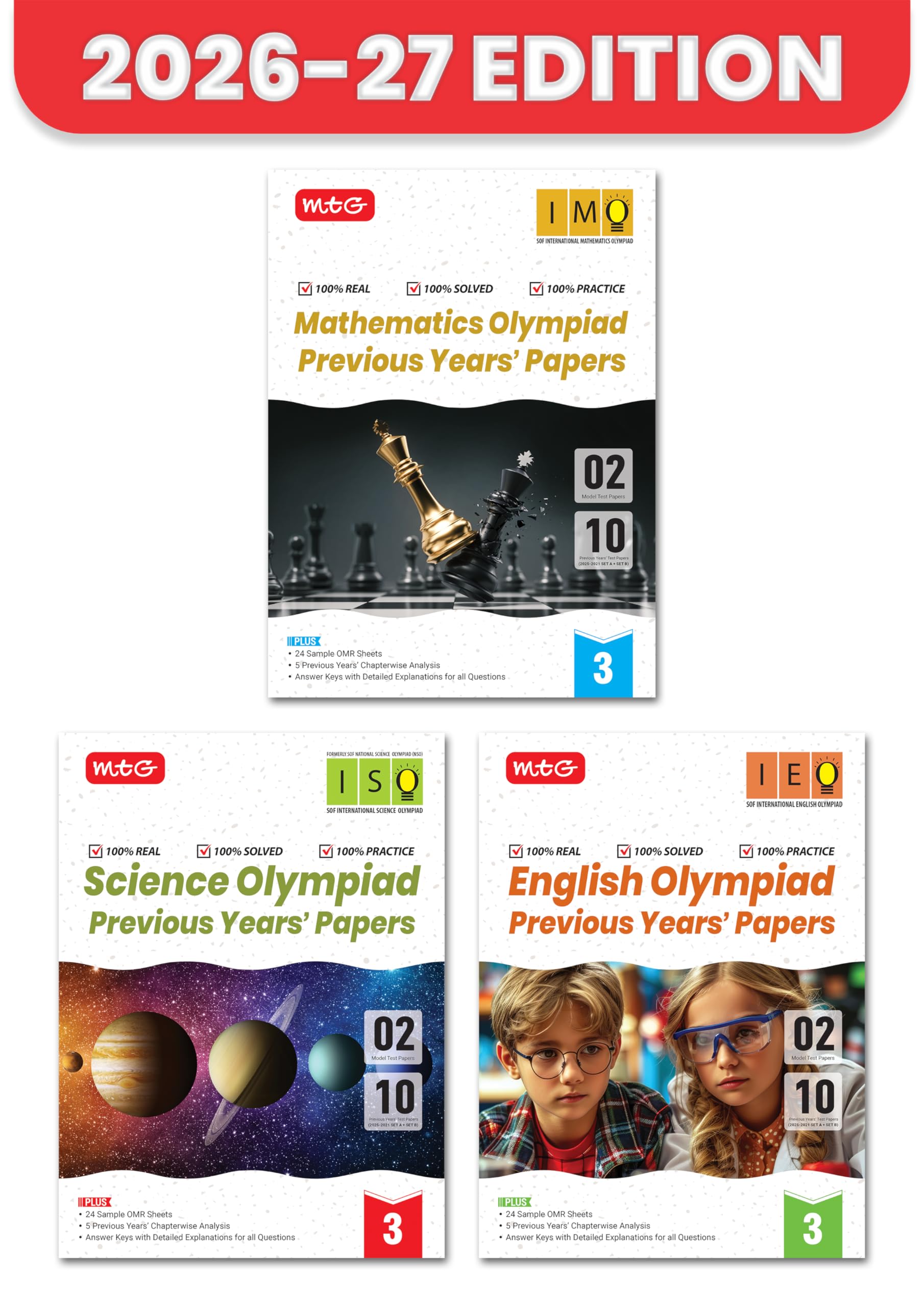 MTG IMO-ISO-IEO Olympiad 10 Previous Years Papers Class 3 (2025-2021 Set A & B) Mathematics, Science & English (Set of 3) | Model Test Papers & 24 Sample OMR Sheets | PYQ Book For SOF 2026-27 Exam