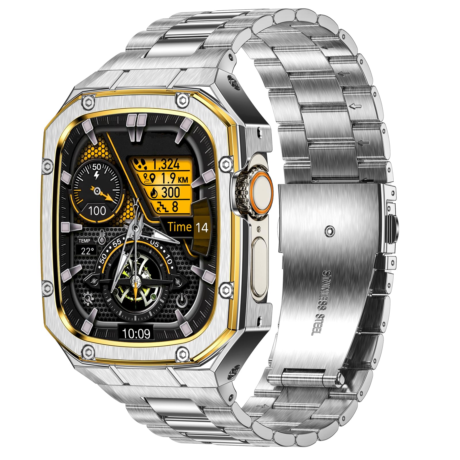 BAITEYOU Stainless Steel Watch Band with Case Compatible with Apple Watch Ultra 3 2 1 band (49mm), Rugged Strap with Metal Protective Bumper Cover for