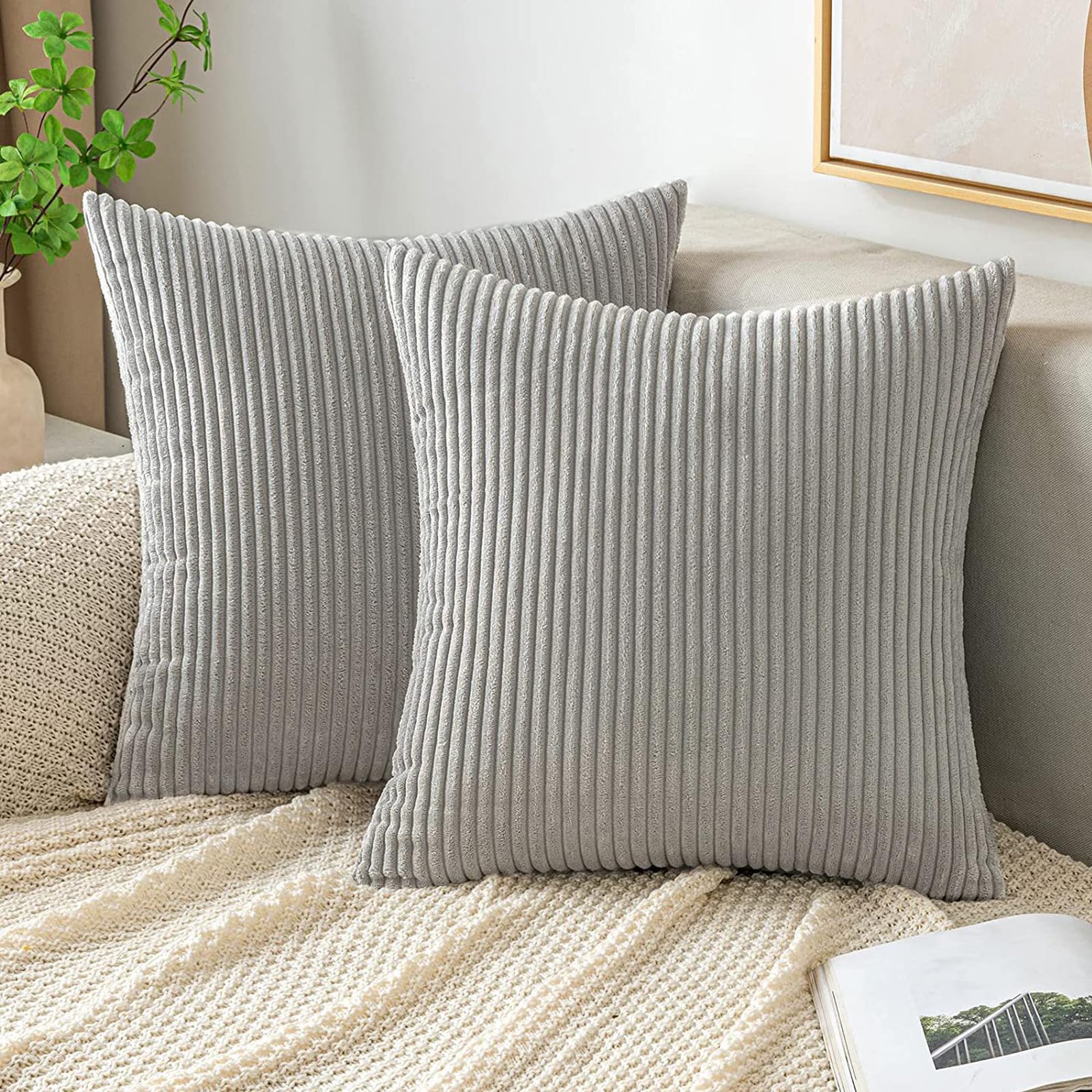 AMFUN Set of 2 Corduroy Cushion Covers 45cm x 45cm,Soft Striped Square Pillow Case,Cushion Case with Invisible Zipper,Home Boho Decor Pillow Cases for Couch Sofa Bedroom,Living Room-Light Grey
