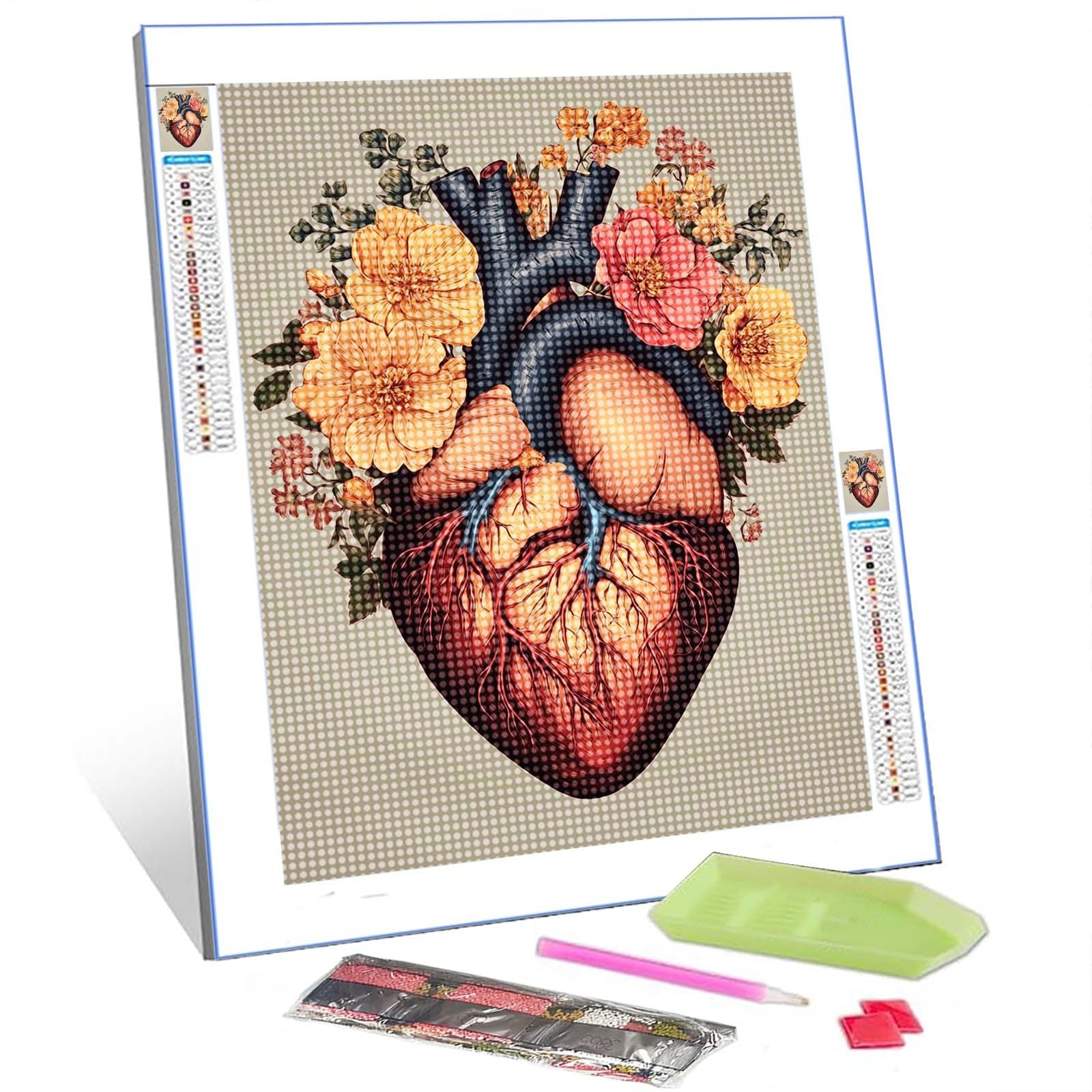 Abstract Number Kits 5D Human Heart Shape Heart with Flowers Anatomical Painting Anatomical Biology Home Decor for Adults Kids (12" W x 16" H)-image-47