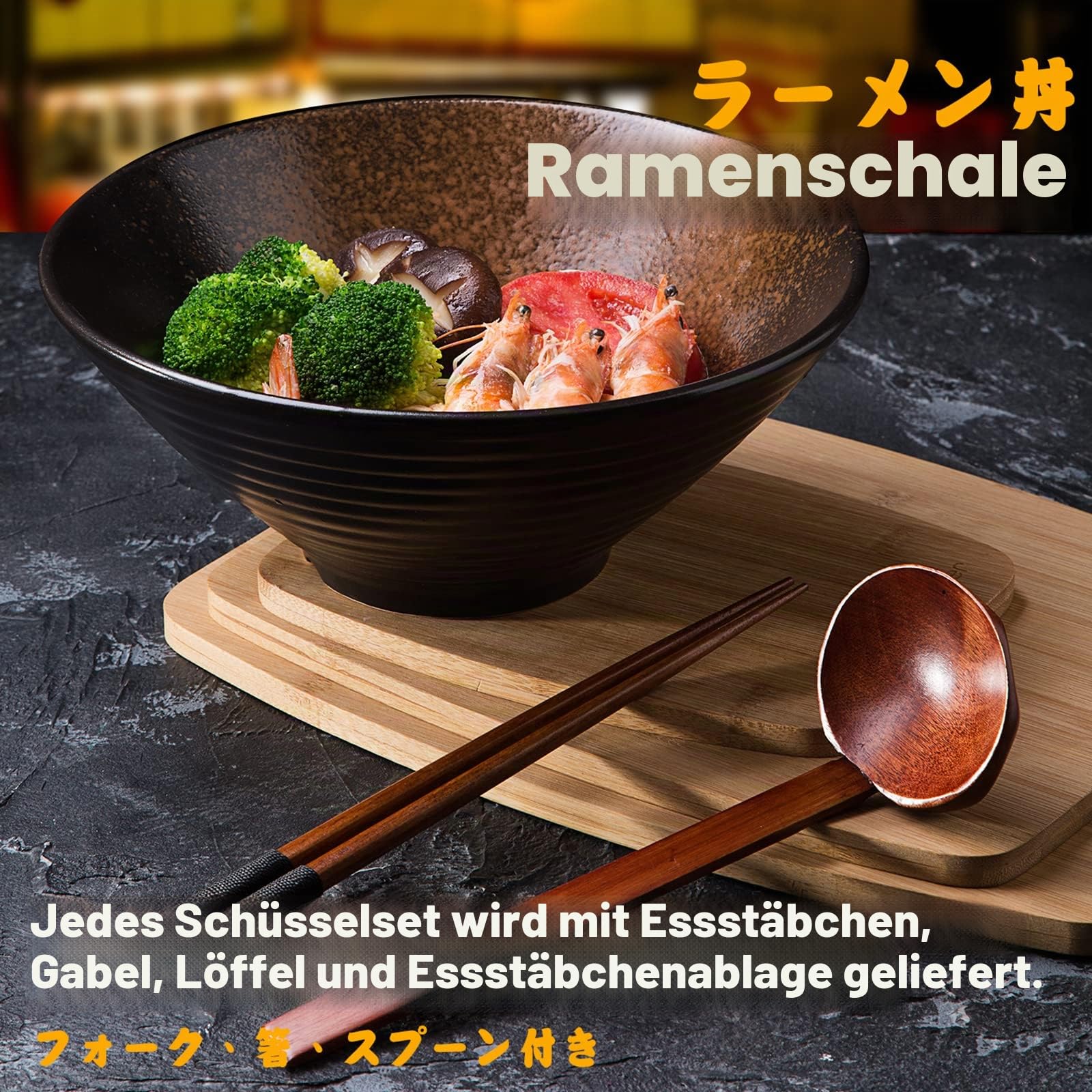 Keramik-Suppenschüssel-Set, 2×1000ml Ramen Bowl, Große Japanische Nudelschalen mit Löffel und Stäbchen, Traditionelles Asiatisches Geschirr Set, für Udon, Pasta, Pho, Soba, Müsli & Salat