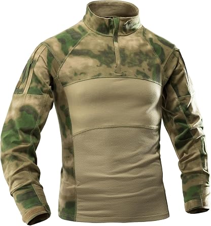 AKARMY Mens Tactical Military Combat Shirt, Long Sleeve Camo T Shirt with Zipper Pockets