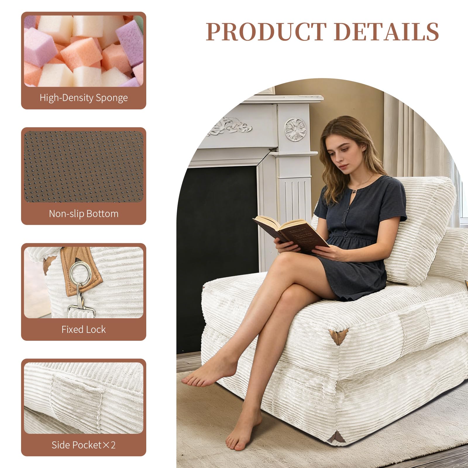 Divano Singolo in Flanella con Contenitore, Soggiorno, Bianco, 87x86x40 cm