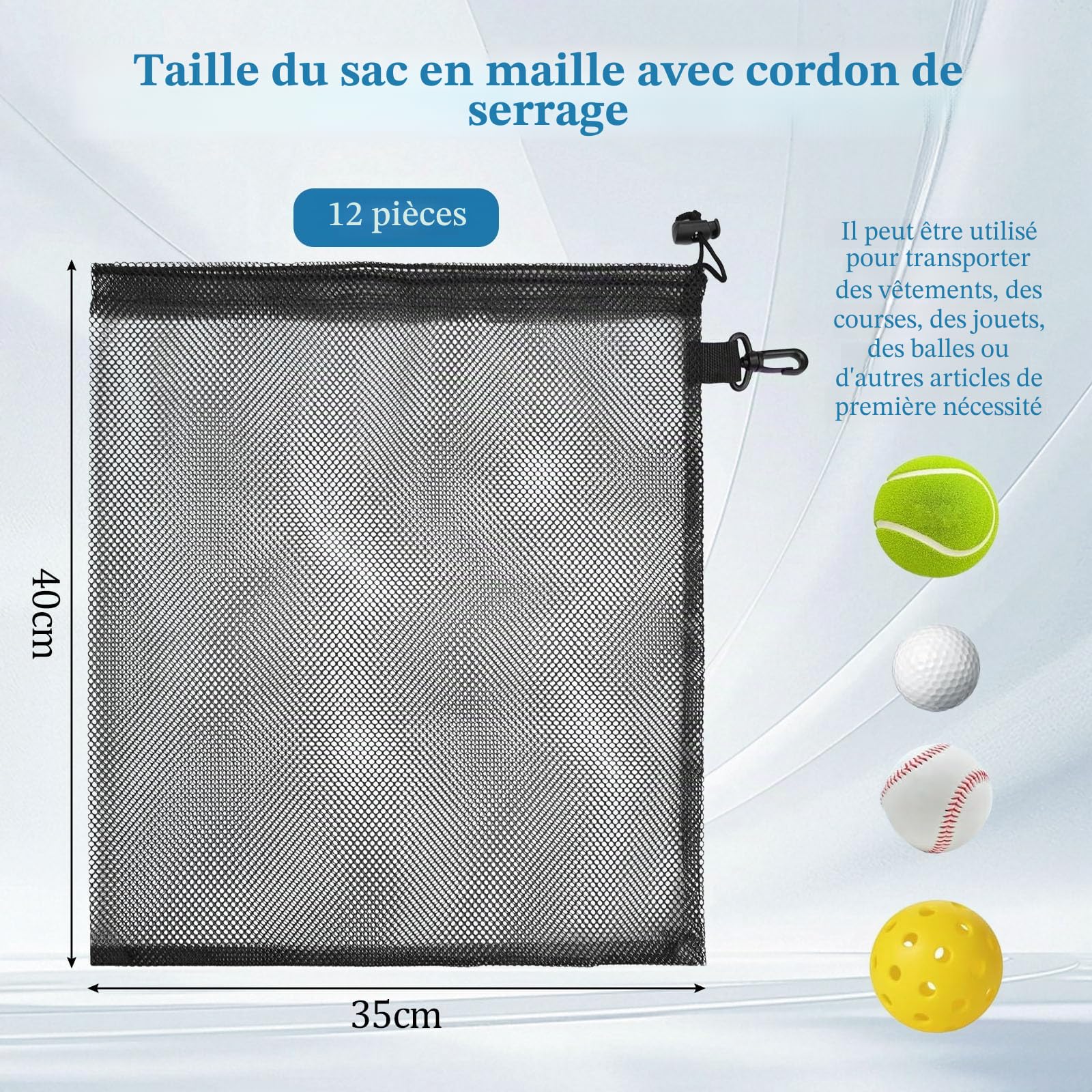 12PCS Sacs en Maille avec Cordon de Serrage - 40 x 35 cm - Filet de Rangement Sac en Maille en Polyester Réutilisable Sac à Cordon de Serrage Sacs en Mailles Noir pour Jouets Sport Rangement