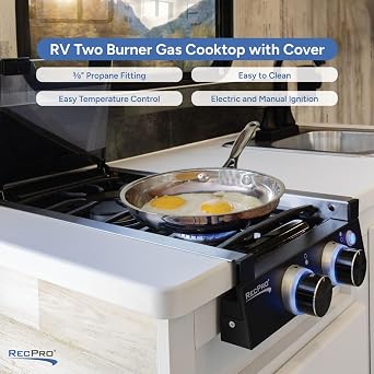 RecPro 2 Burner RV Gas Cooktop, Stainless Steel, Cover Included