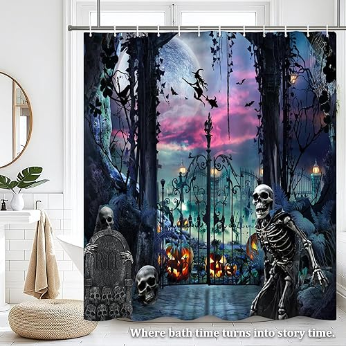 Miniatura 7 de Renaiss Juego de cortina de ducha de Halloween de 72 x 72 pulgadas, diseño de esqueleto, cementerio, puerta de hierro, cortina de ducha de baño,