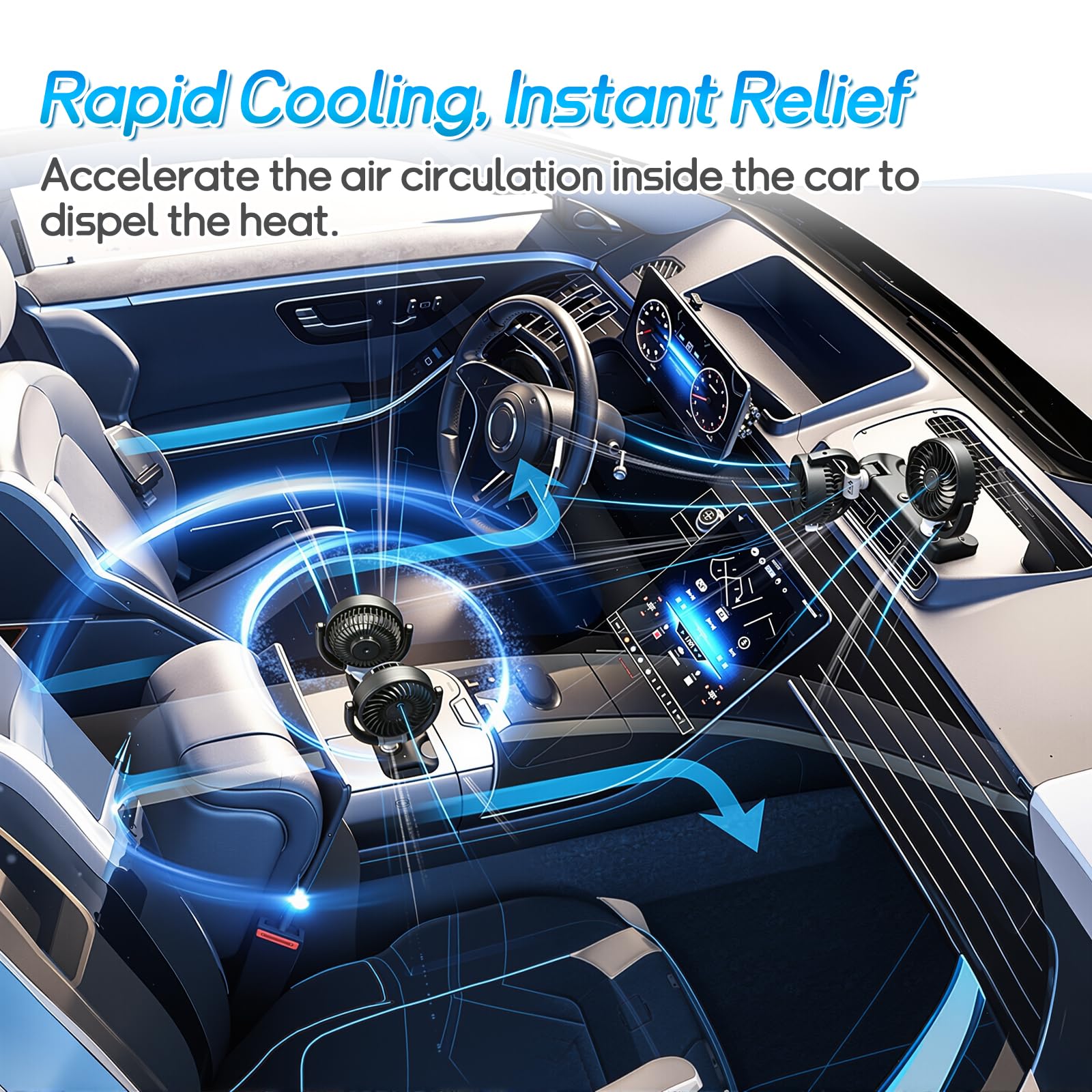 D-Lumina Ventilatore per auto, girevole a 360°, doppia testa, 12 V, con USB, 2 velocità, aria condizionata, per SUV, camper, ATV, barca, auto, targa con adesivo gratuito