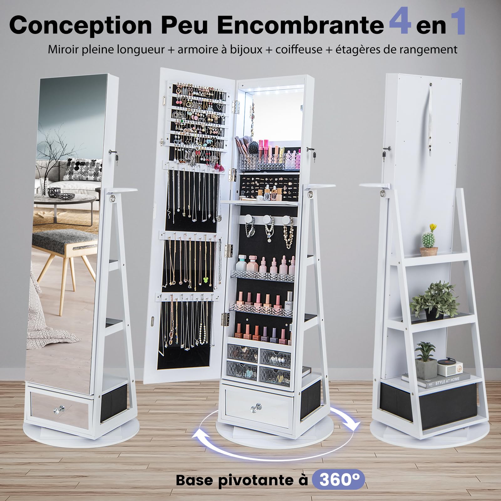RELAX4LIFE Armoire à Bijoux Pivotante à 360ºavec Miroir Pleine Longueur, Miroir Bijoux sur Pied LED avec Support Sèche-Cheveux, Grand Tiroir, 3 Étagères pour Rangement Bijoux (Blanc)