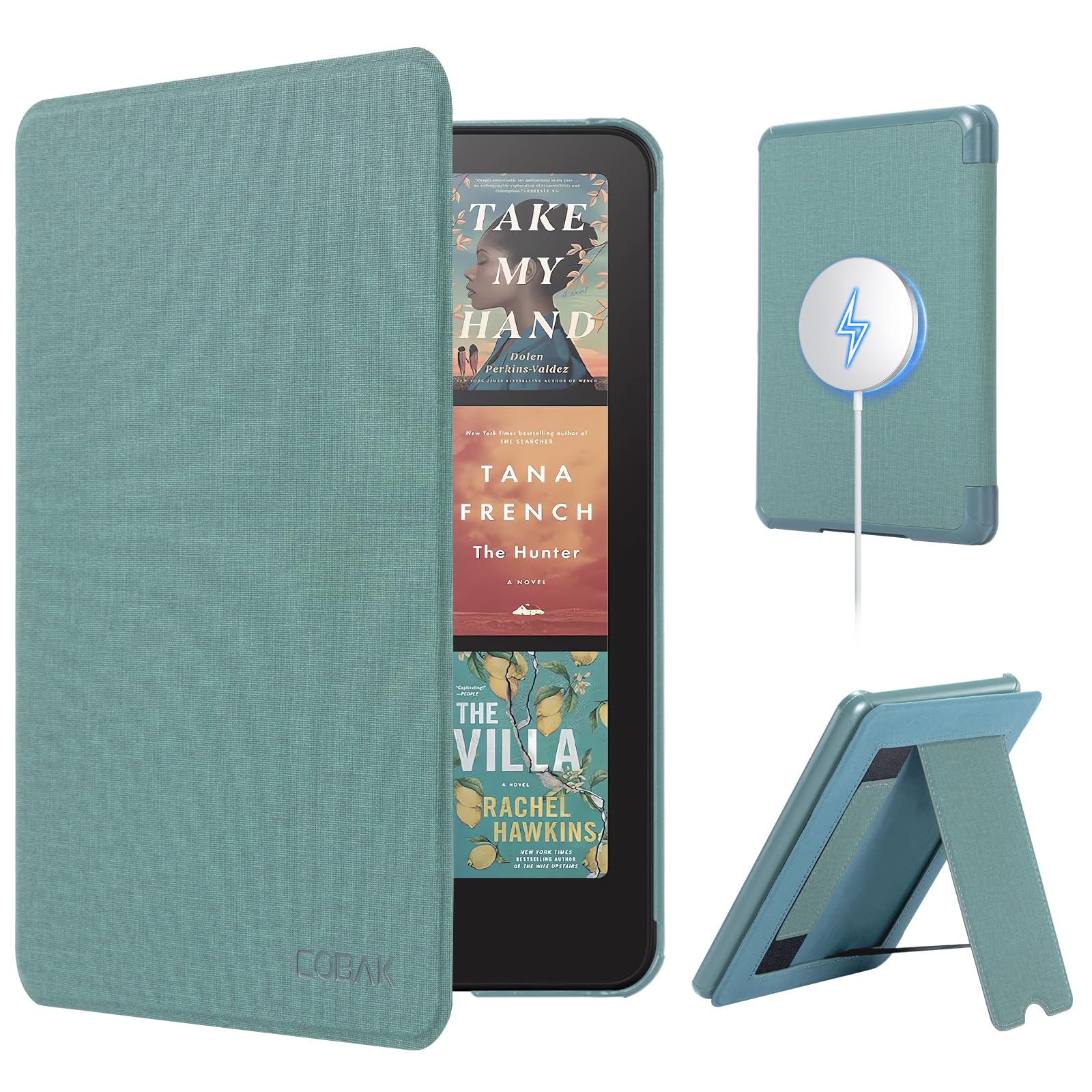 CoBak Lightweight Stand Case for 7" 12th Gen 2024 and Colorsoft with Right Hand Strap - Compatible with iPhone MagSafe, for Samsung/Belkin/Anker Wireless Charging Pads,Misty Blue