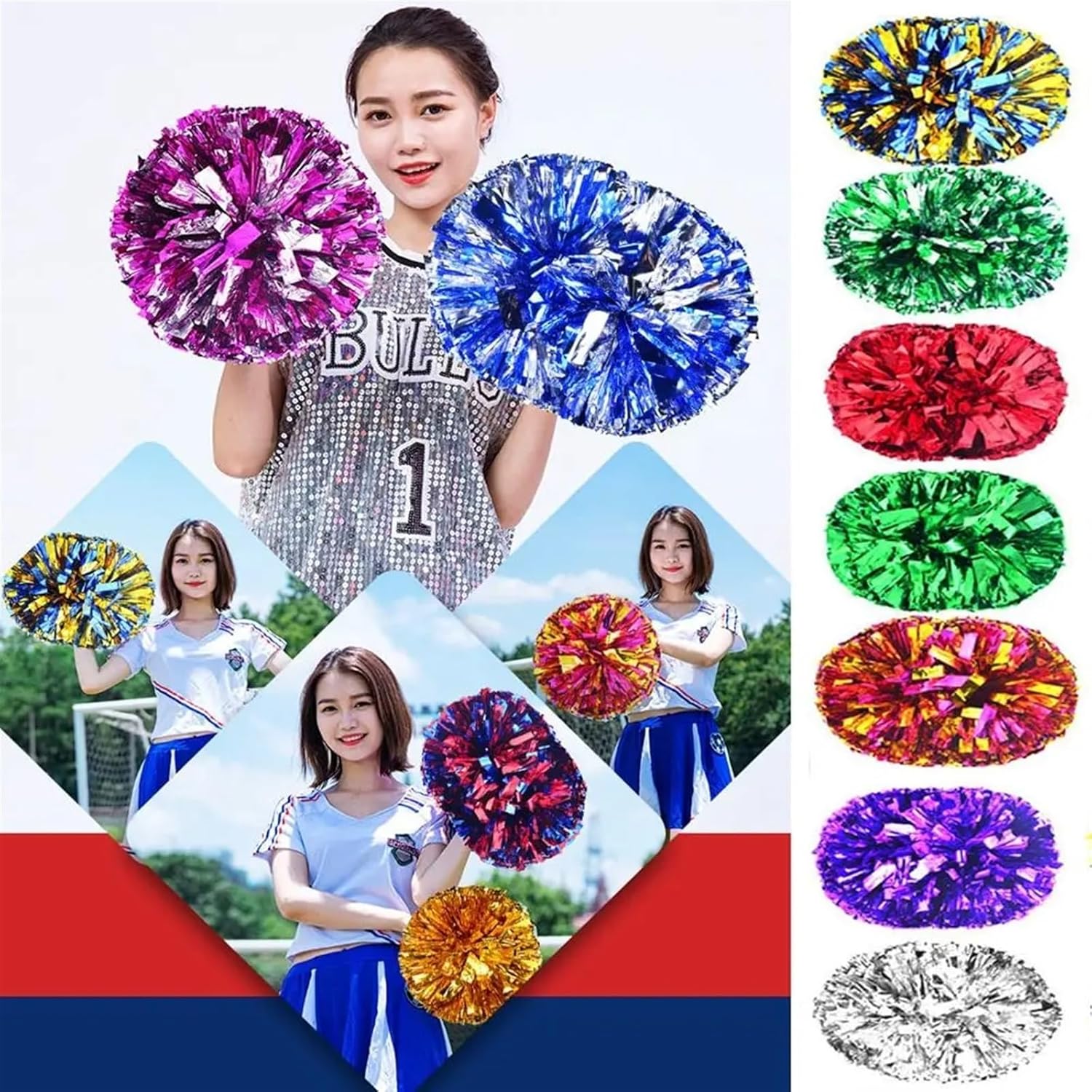 Dance Cheerleading Pompoms, Cheerleading Pom Poms 2 Pcs Multicolor Double Hole Handle