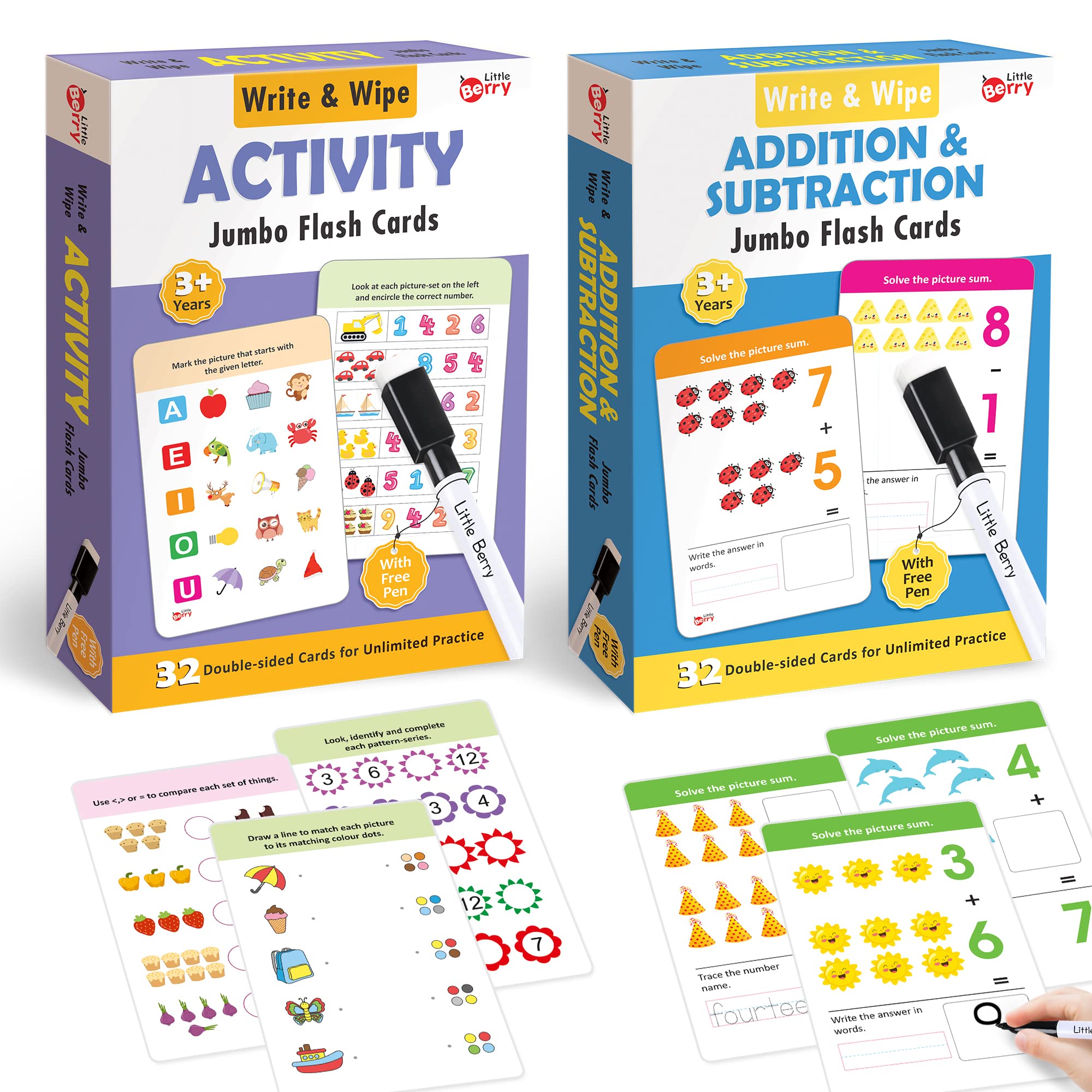 Little Berry Write and Wipe Flash Cards: Activity and Addition & Subtraction (Jumbo Size) | 64 Reusable Cards with Marker Pen | Gifts, Travel Toy & Preschool Learning for Kids Ages 3 to 6 (B0BSNCNSWV) Amazon Price History, Amazon Price Tracker