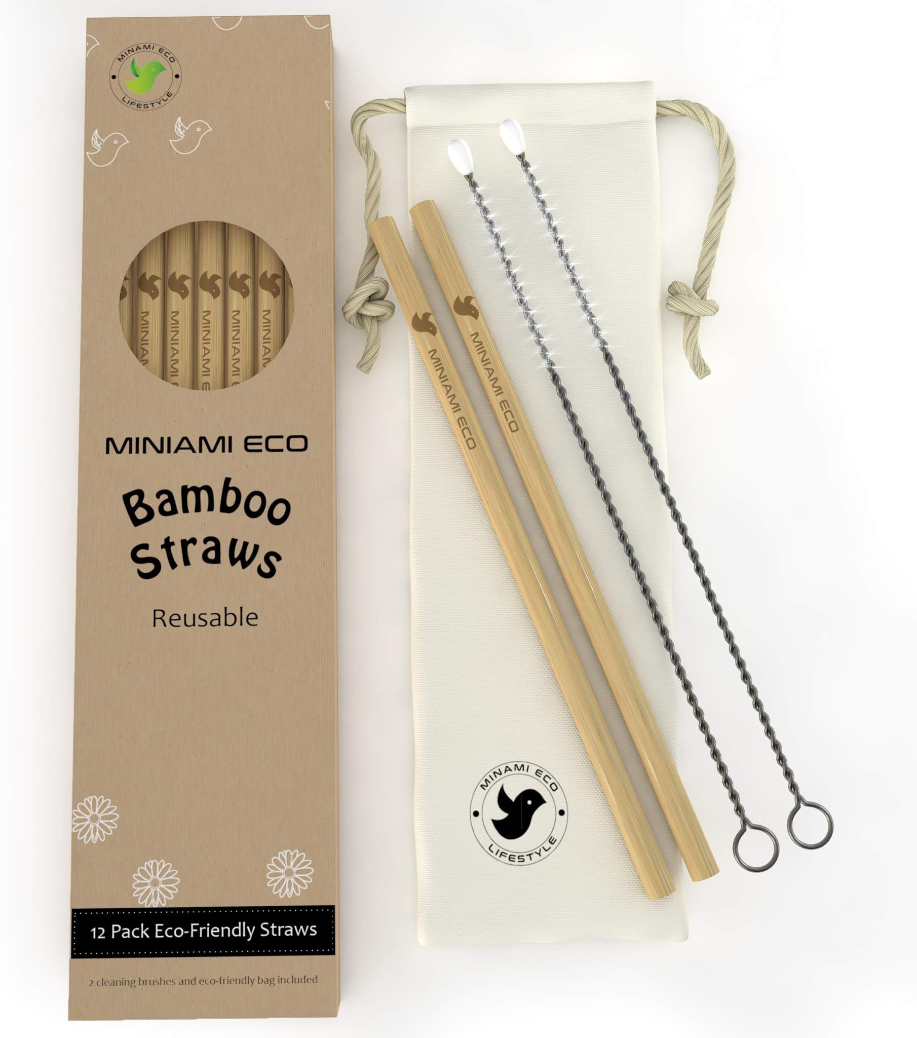 Reusable Bamboo Drinking Straw – Eco-Friendly 12 Straws + 2 Cleaning brushes + Cotton Bag – Biodegradable, Organic, Plastic Alternative – 8 inches
