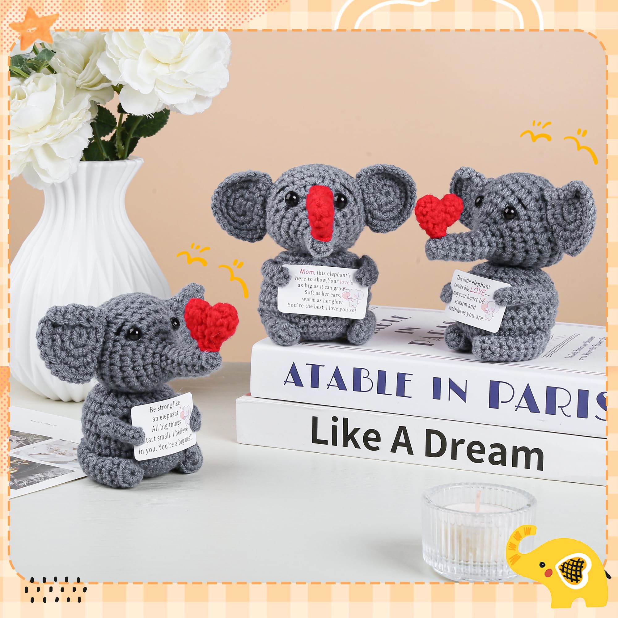 Positive Crochet Elephant Inspirational Christmas Birthday Gifts for Women Men Emotional Support Stocking Stuffers White Elephant Gifts Cute Decor for Mom Dad Daughter Sister Friend (Common)