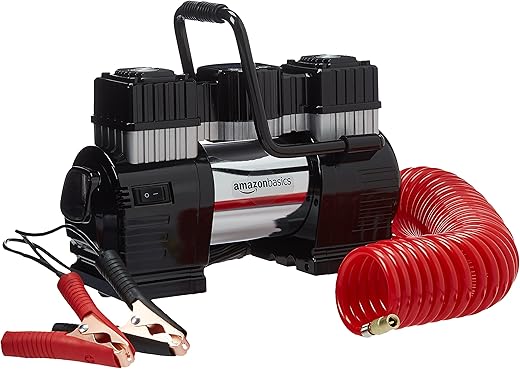 Amazon Basics Portable Digital Air Compressor, Dual Battery Clamps with Carrying Case, Black/Red