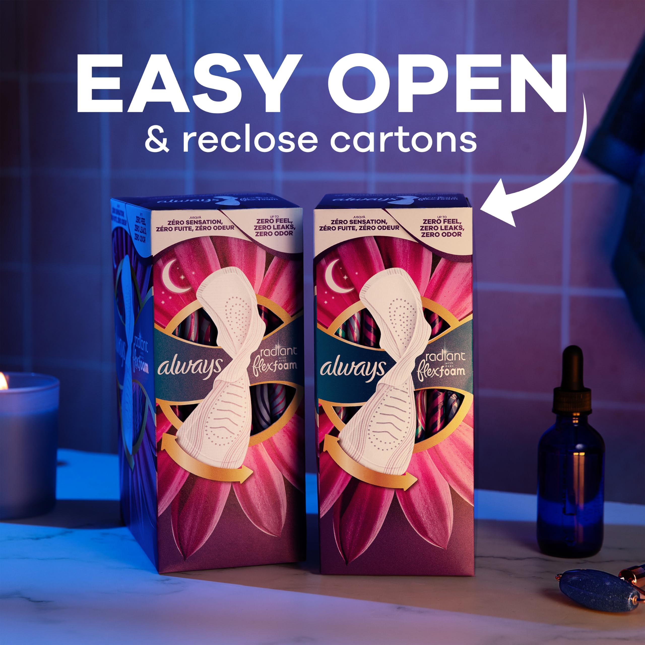 Always Strahlende FlexFoam-Pads für Damen, Größe 4, Saugfähigkeit über Nacht, 100% auslauf- und geruchsfreier Schutz ist möglich, mit Flügeln, parfümiert, 28 Stück