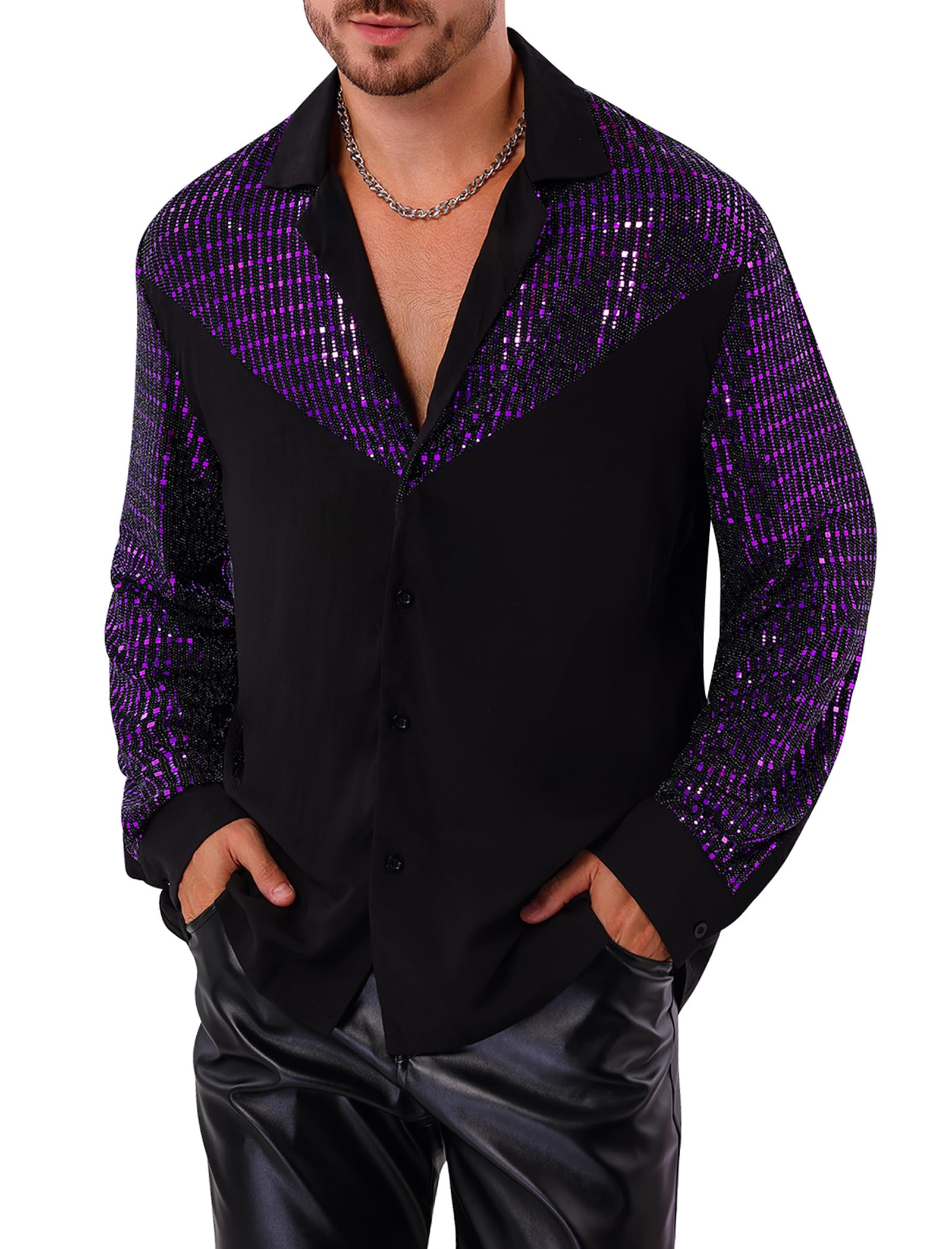 Photo 1 of Mens Disco Shirt Long Sleeve Rave Glitters Sequins Button Down Shirt for Wedding Party Prom Nightclub 70s Shirts Bachelor Party Mardi Gras Shirts for Men Camisas para Hombres Purple Black M