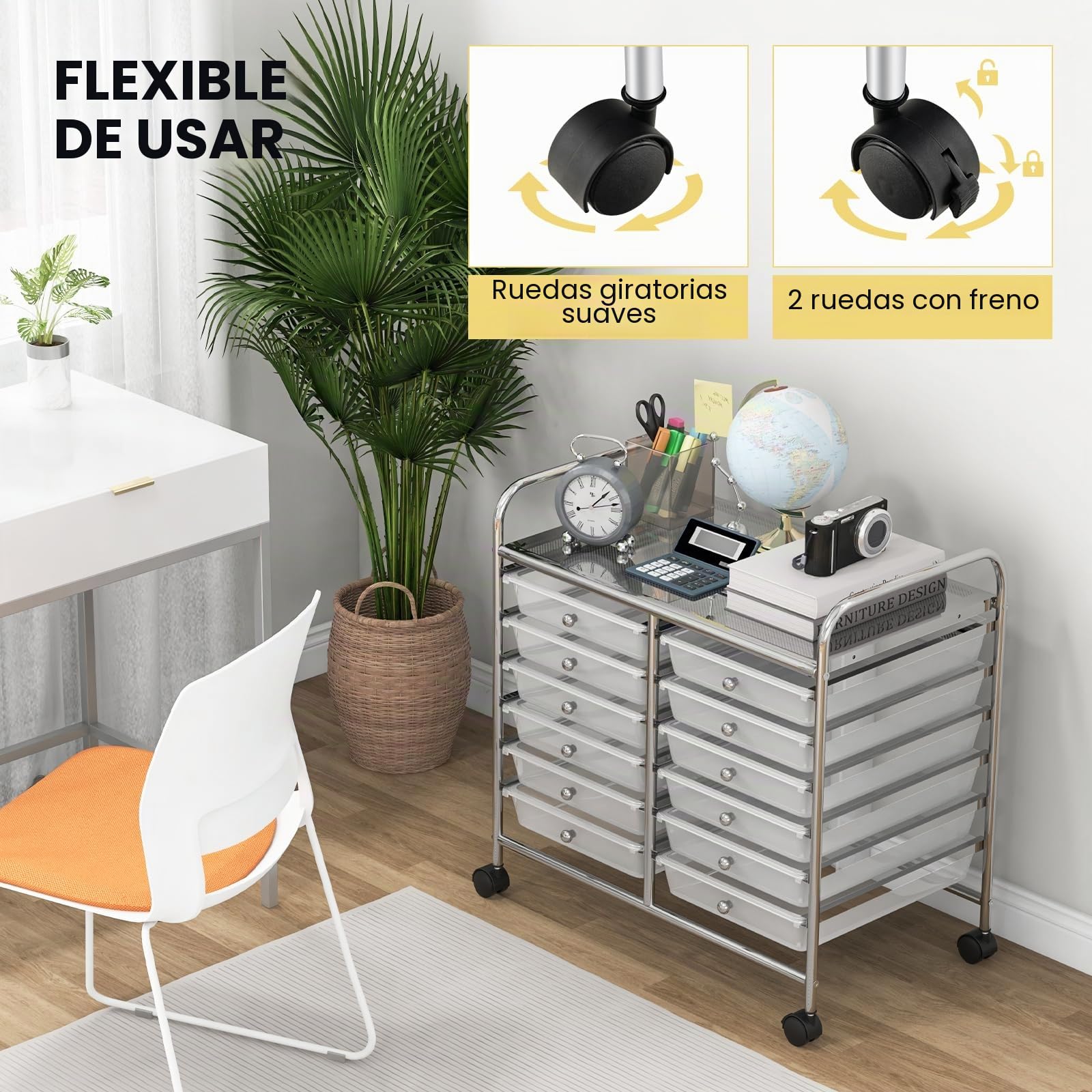 GIANTEX Carro de Almacenamiento con 12 Cajones Plásticos, Cajonera con 4 Ruedas 360°, 2 Bloqueables, 64 x 38 x 62 cm, Carrito Auxiliar para Salón, Cocina, Baño (Transparente)