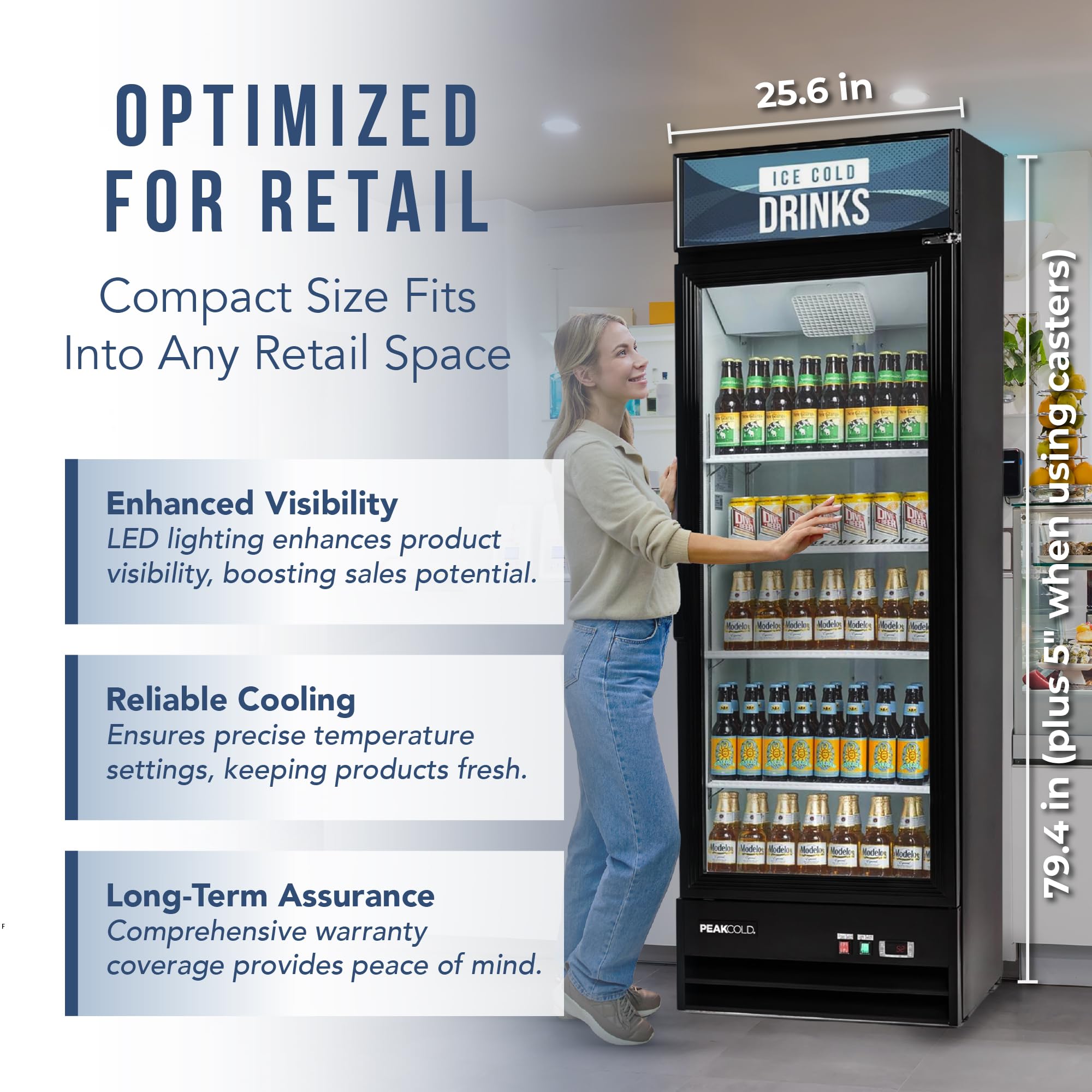 Peakcold 1-Door Display Refrigerator - 14 Cubic Ft, Energy Efficient, Black Merchandiser Refrigerator With Glass Door, White Interior & LED Lighting - Commercial Display Cooler on Fridge.com - View 3