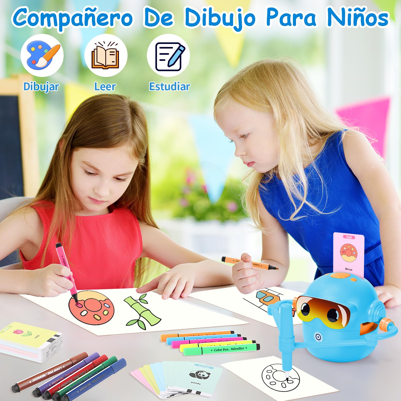 Charmofun Robot de Dibujo para Niños, Drawing Robot con 100 Tarjetas, Robots Inteligente Juguete Recargable, Juguete Educativo Interactivo con Voz para Niños y Niñas a Partir de 3 Años (Azul-2)