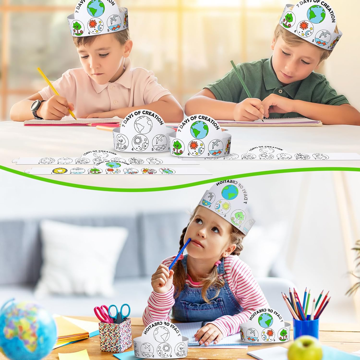 24 Sets 7 Days of Creation Craft for Kids Bible Crown Crafts DIY Coloring The Creation Story Hat for Religious Sunday School VBS Home Christian Preschool Classroom Activities