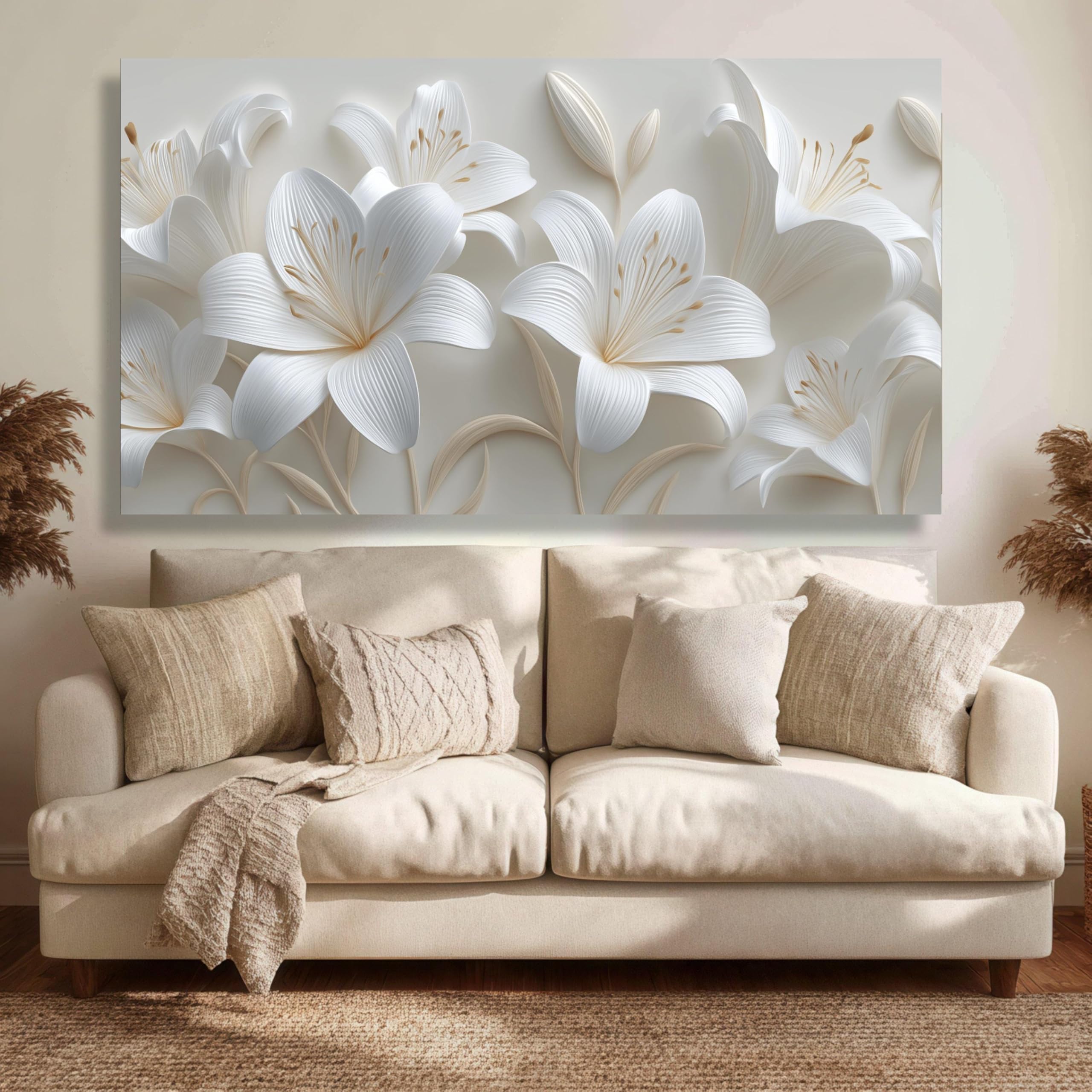 LMYSXAOZ Floral Wall Art, White Lily Flowers Canvas, Neutral Tones Home Decor, Look Botanical Canvas(50x100cm/Frameless)