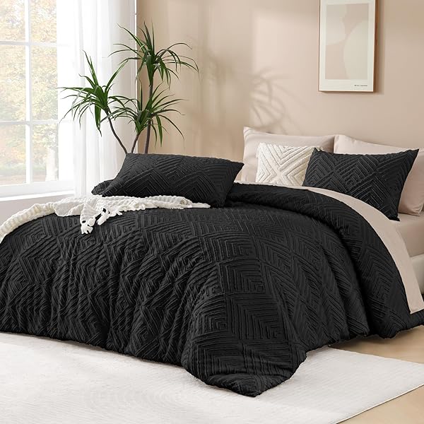 Andency Black Comforter Set Full, 3 Pieces Boho Lightweight Fluffy Bedding Comforter Set for Full Bed, Tufted Farmhouse Design Bed Set for All Seasons (1 Comforter 79x90In, 2 Pillowcases)