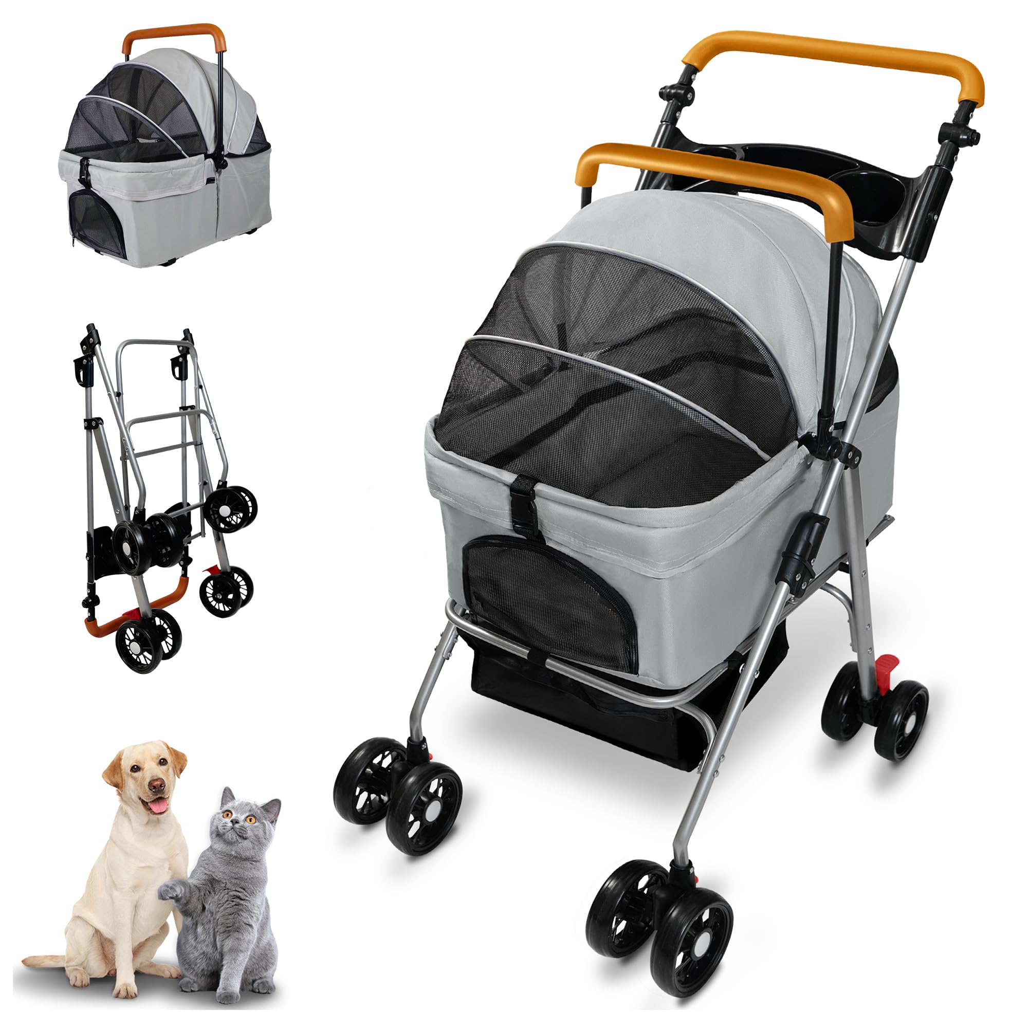 Pet Stroller with Storage Basket and Cup Holder, Folding Dog Jogger, Foldable Cat Stroller, 3 in 1 Puppy Kitten Cart, Pet Jogger for Medium Dog Cat (