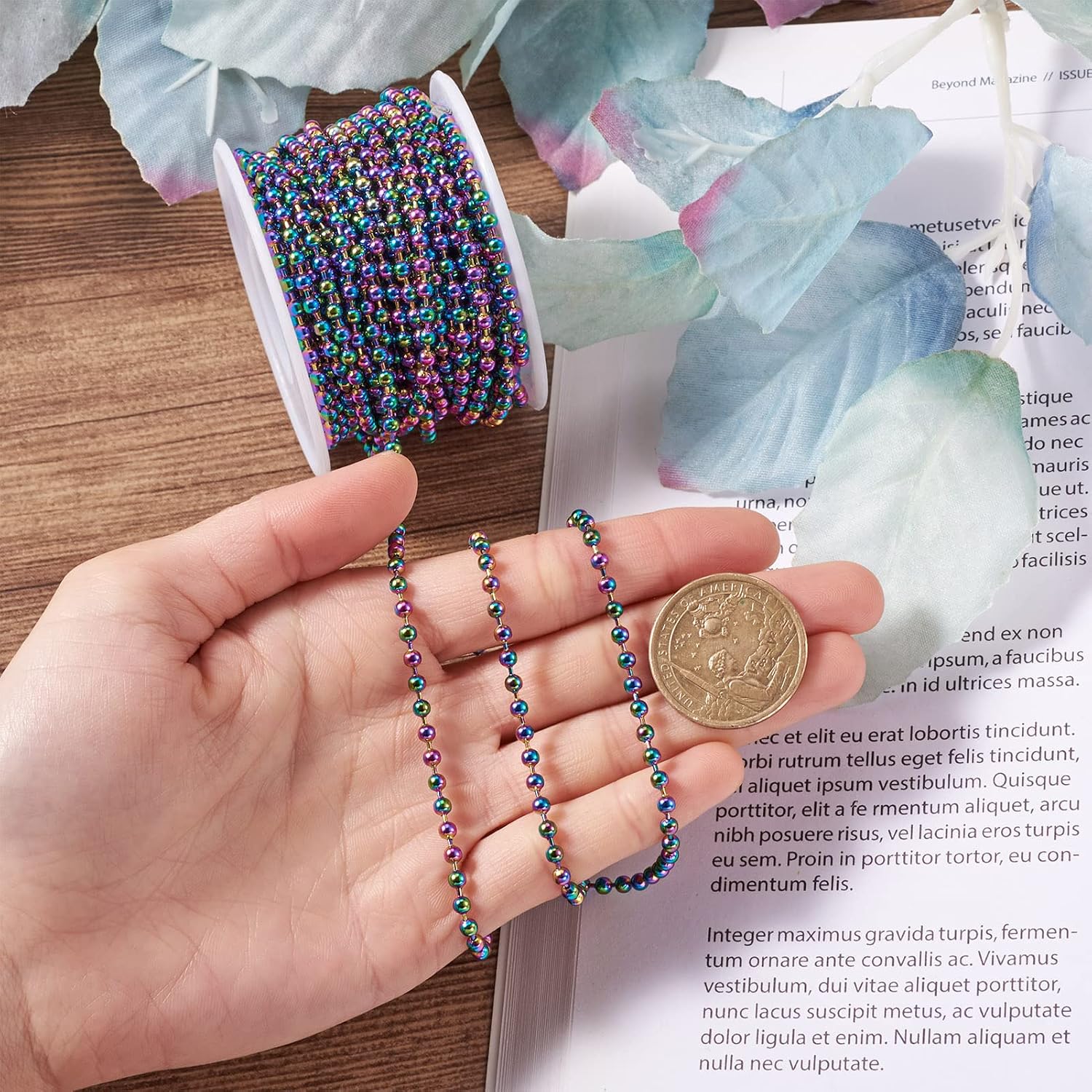 Craftdady Rainbow Steel Ball Bead Chain 32 Feet 3 mm Multicolor Round Beaded Link Cable Chains with Roll Spool for Necklace Choker Bracelet Earring Jewelry Making
