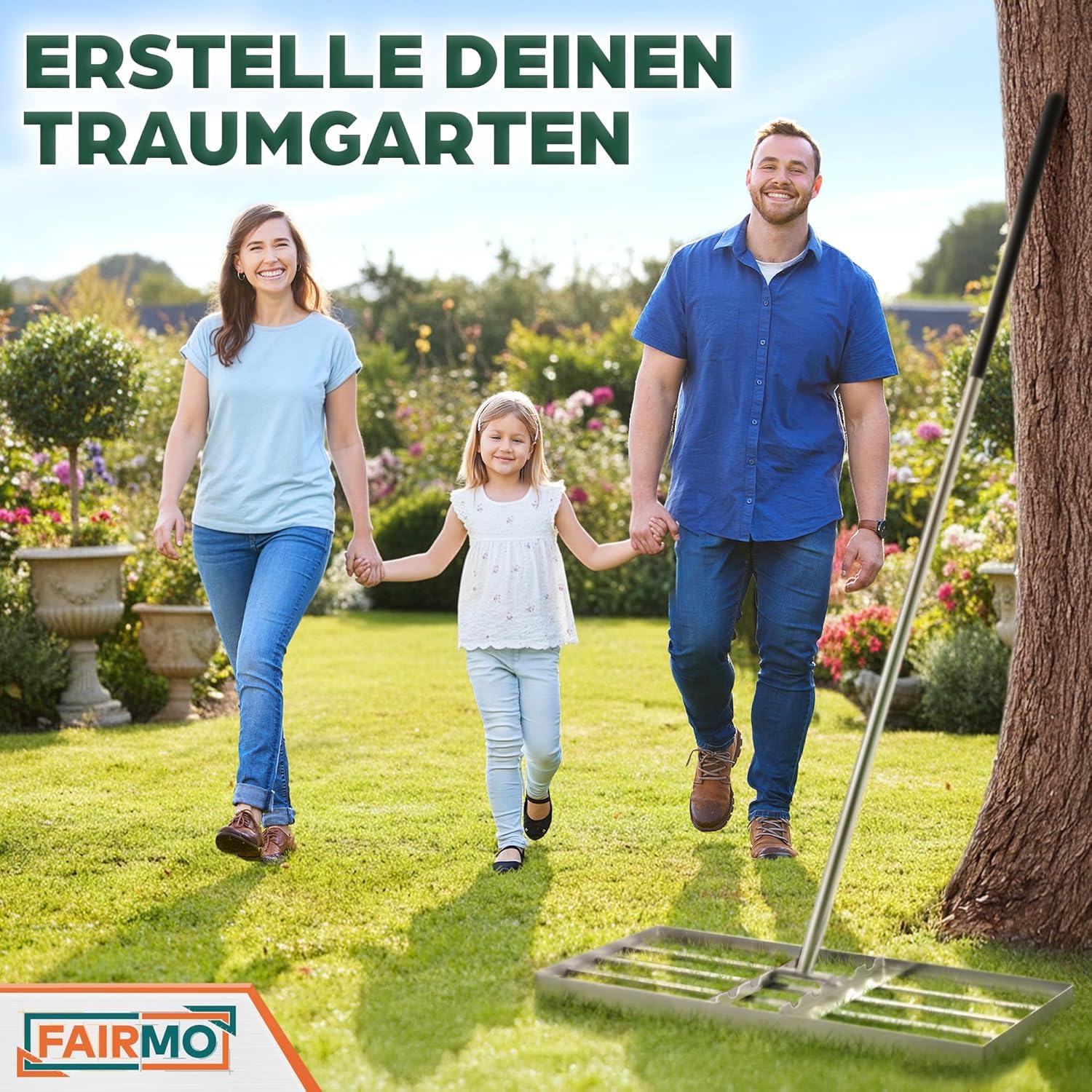 Rasenrechen Rasenrakel Edelstahl (75x35 cm) von Fairmo [für sattgrünen Rasen] - Rakel für Rasen inkl. 2 Meter Stiel - Rasenpflege mit Nivellierrechen - Rasenrechen breit Sanden