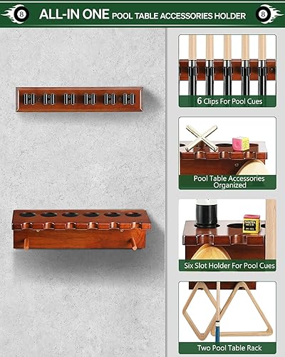 Miniatura 10 de EXTCCT Soporte para palos de billar para billar, soporte para tacos de billar, soporte para tacos de piscina de madera maciza de roble para 6 palos,